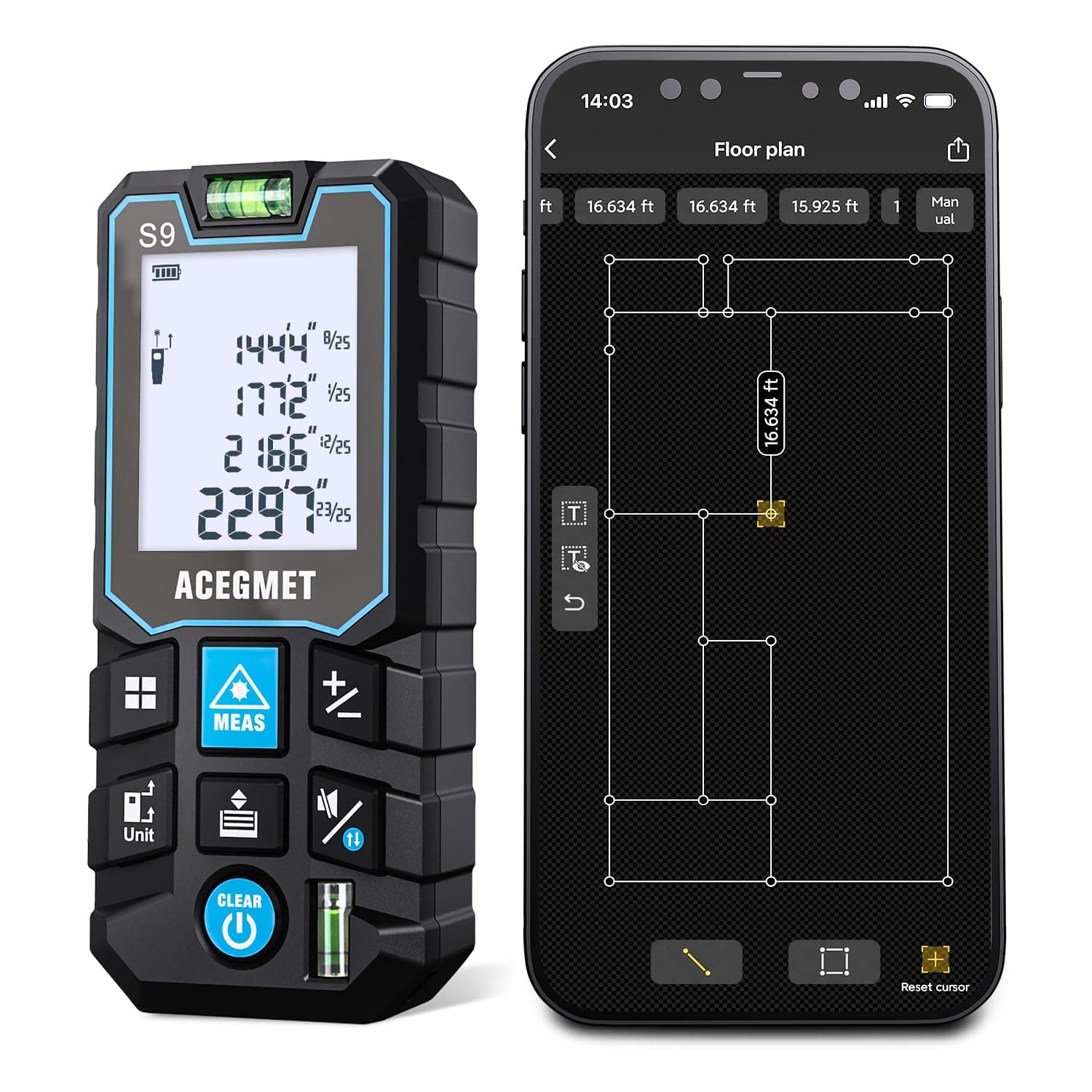 Laser Measurement Tool with Phone App, Record Data+2D Floor Plan Laser Tape Measure ACEGMET 196 Feet Laser Measure , ±1/16-inch Accuracy, Ft/in/Ft+in/M Unit Switch and 6 Modes of The Measurement