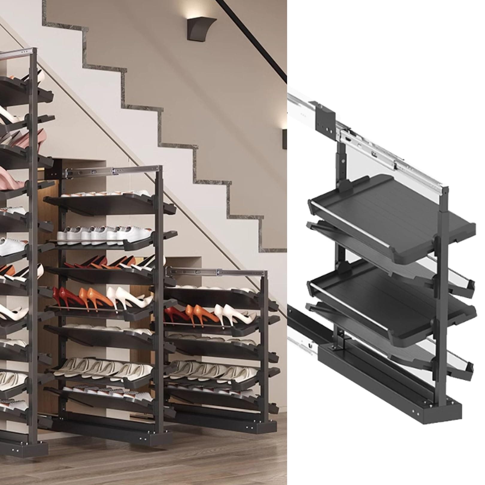 Pull-Out Shoe Rack Organizer for Closet Shoe Cabinet,Adjustable Height Retractable Metal Stackable Shoe Rack, Vertical Shelf Organizer for Small Bedroom Closet, Space Saving Storage, Black(58cm,4 Tier