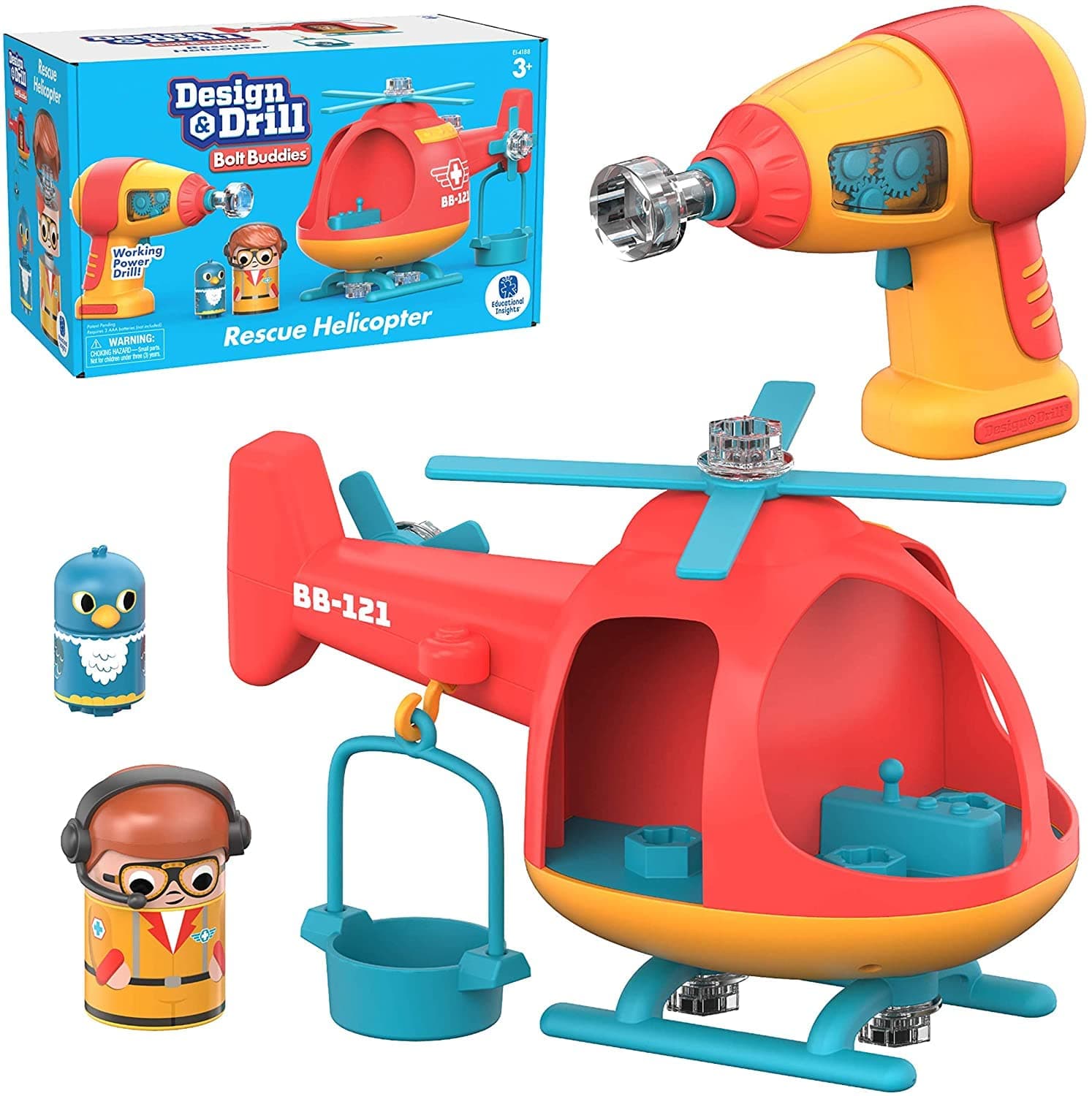 Learning Resources Design & Drill Bolt Buddies Rescue Helicopter, Fine Motor Skills Construction Toy