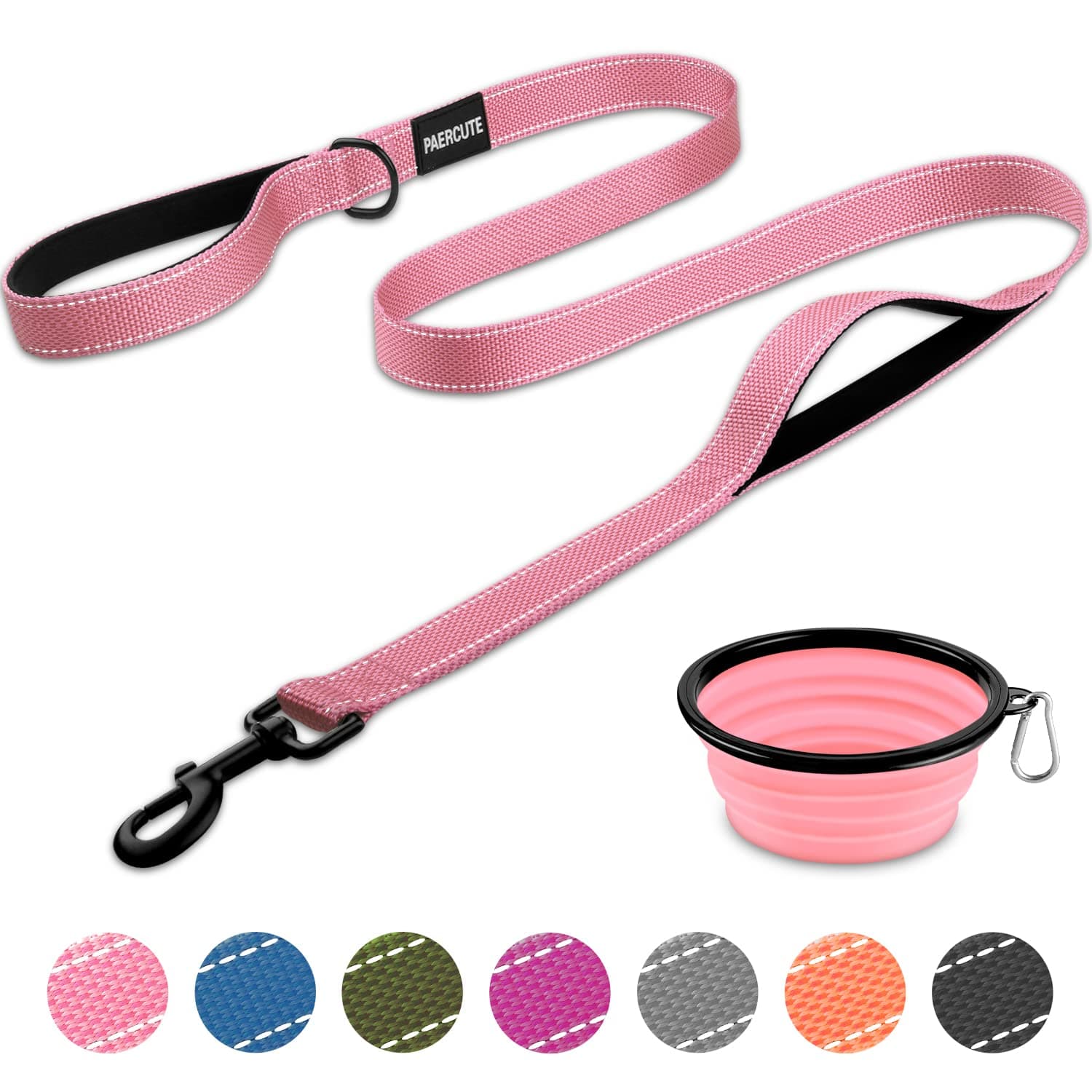 Dog Leash with 2 Padded Comfortable Handles, 5 FT Heavy Duty Reflective Dog Leashes, Double Handle Dog Leash Perfect for Medium to Large Dogs, Durable Traffic Leashes with Collapsible Pet Bowl