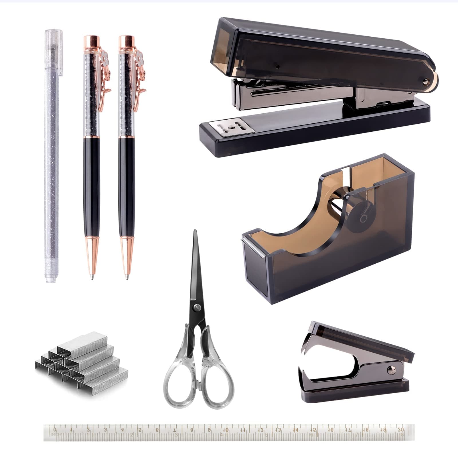 Owfeel Black Desk Accessory Kit,9 pcs Acrylic Stapler Set,Office Supplies Set, with Tape Dispenser, Staple Remover, Ballpoint Pen,Transparent Ruler,1000 Staples, Scissor for Office Clerks and Students