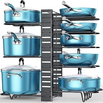 Pots and Pans Organizer, 8 Tier with 3 DIY Methods, Adjustable Rack for Cabinet, Kitchen Organization, Storage and for Pot Lid