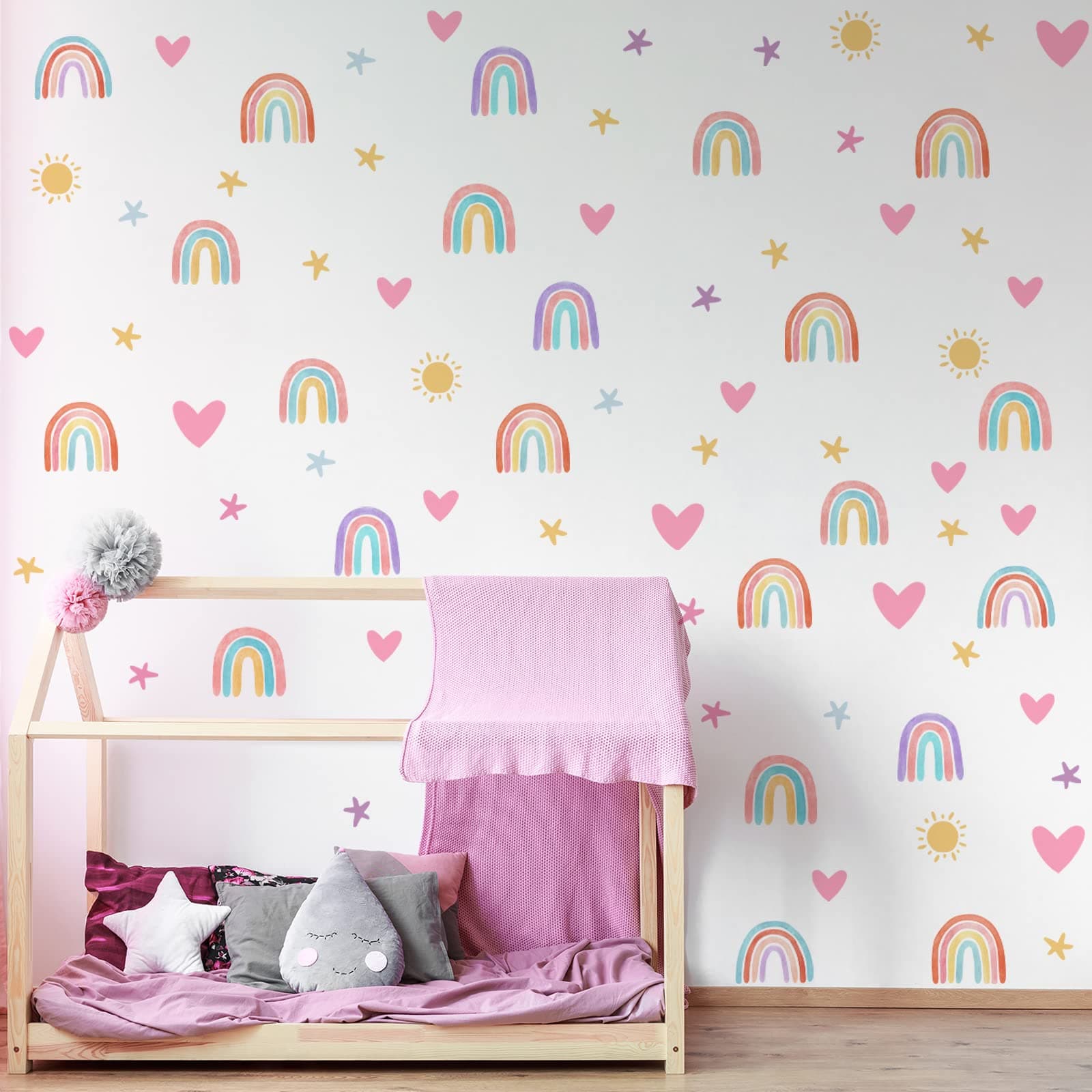Epakh Boho Rainbow Wall Decor Stickers Small Rainbow Wall Decal Watercolor Rainbow Heart Sun Star Wall Stickers for Girls Boys Baby Bedroom Nursery Wall Decor (Classic Color)