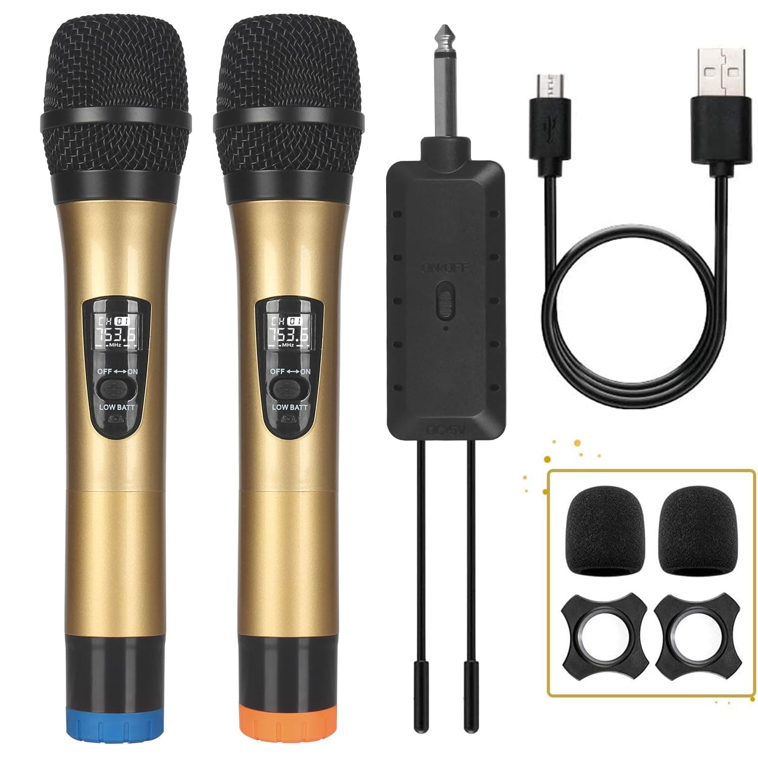 ALPOWL Wireless Microphone, UHF Dual Cordless Dynamic Mic System,Handheld Karaoke Microphone with Rechargeable Receiver(Auto Connect,200 ft Range) for Singing, Church, Speech, Wedding, Party