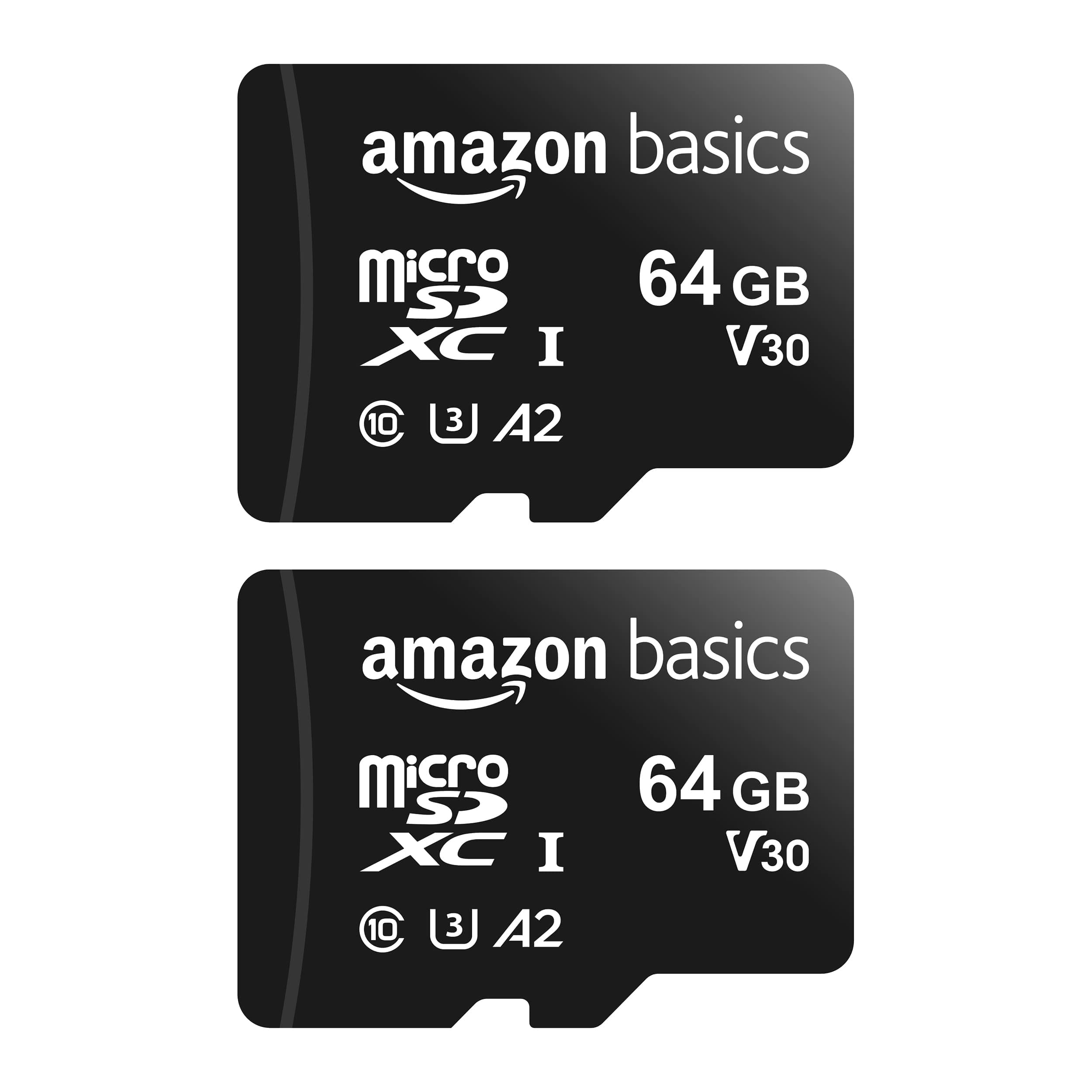 Amazon Basics microSDXC Memory Card with Full Size Adapter, A2, U3, Read Speed up to 100 MB/s, 64GB, Black (2pack)