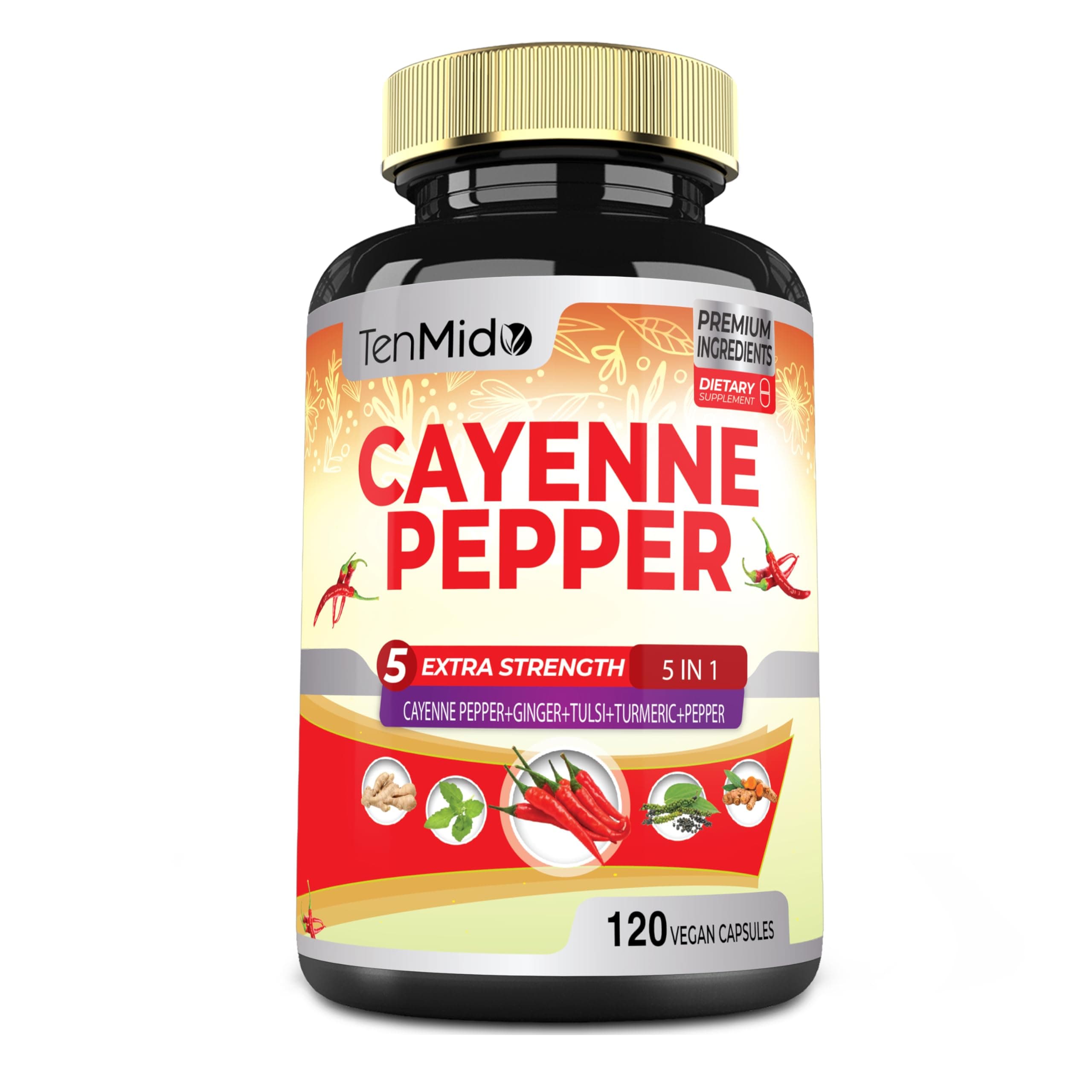 Cayenne Pepper Supplements Extract Capsules, 4 Months Supply with Ginger, Turmeric Curcumin, Tulsi, Black Pepper - Supports Immune System, Promotes Digestive System Function - 120 Vegan Capsules