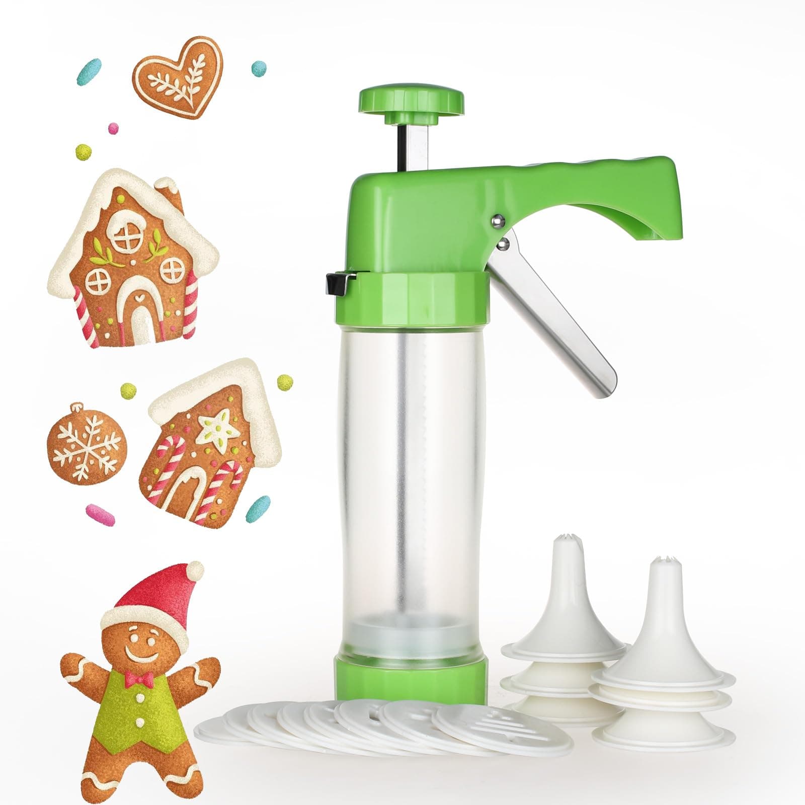 Cookie Press Maker Machine - Icing Gun Kit with 16 Discs and 6 Decoration Tips for Home DIY (Green)