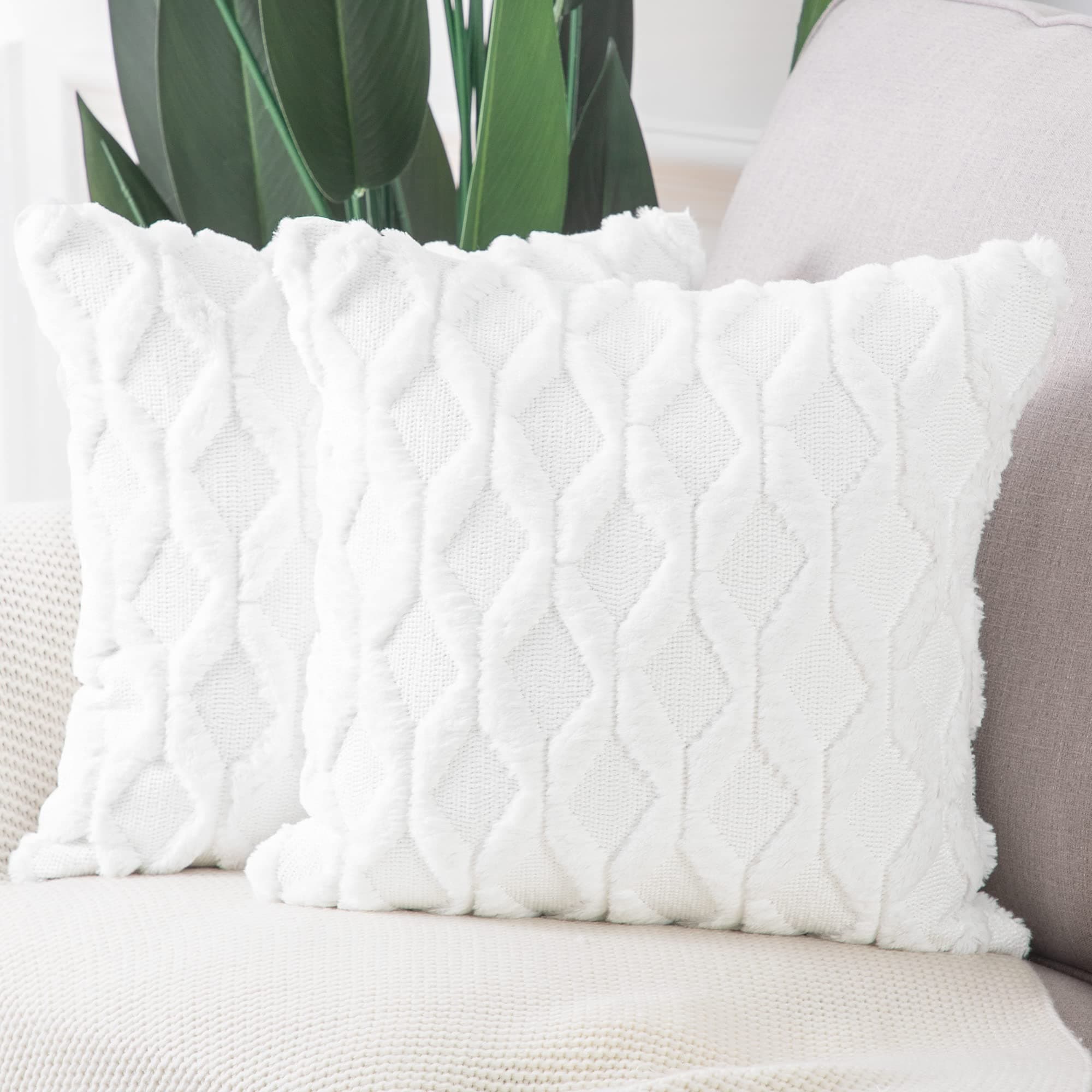 Set of 2 Soft Polyester Short Wool Velvet Decorative Throw Pillow Covers 18x18 inch White Square Luxury Style Cushion Cases Pillow Shell for Sofa Bedroom