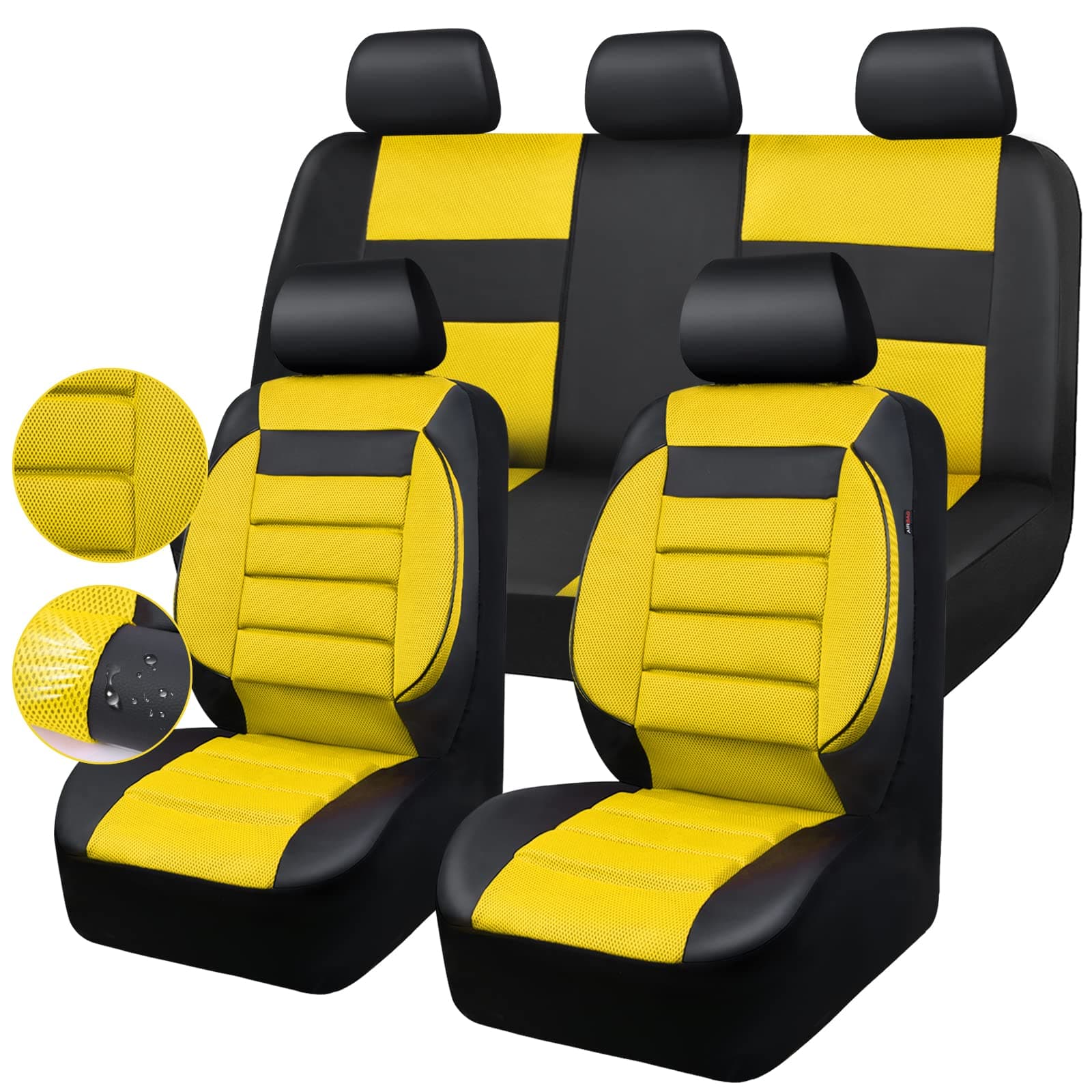 CAR PASS Leather 3D Foam Back Support Car Seat Covers Full Set Air Mesh Autom...