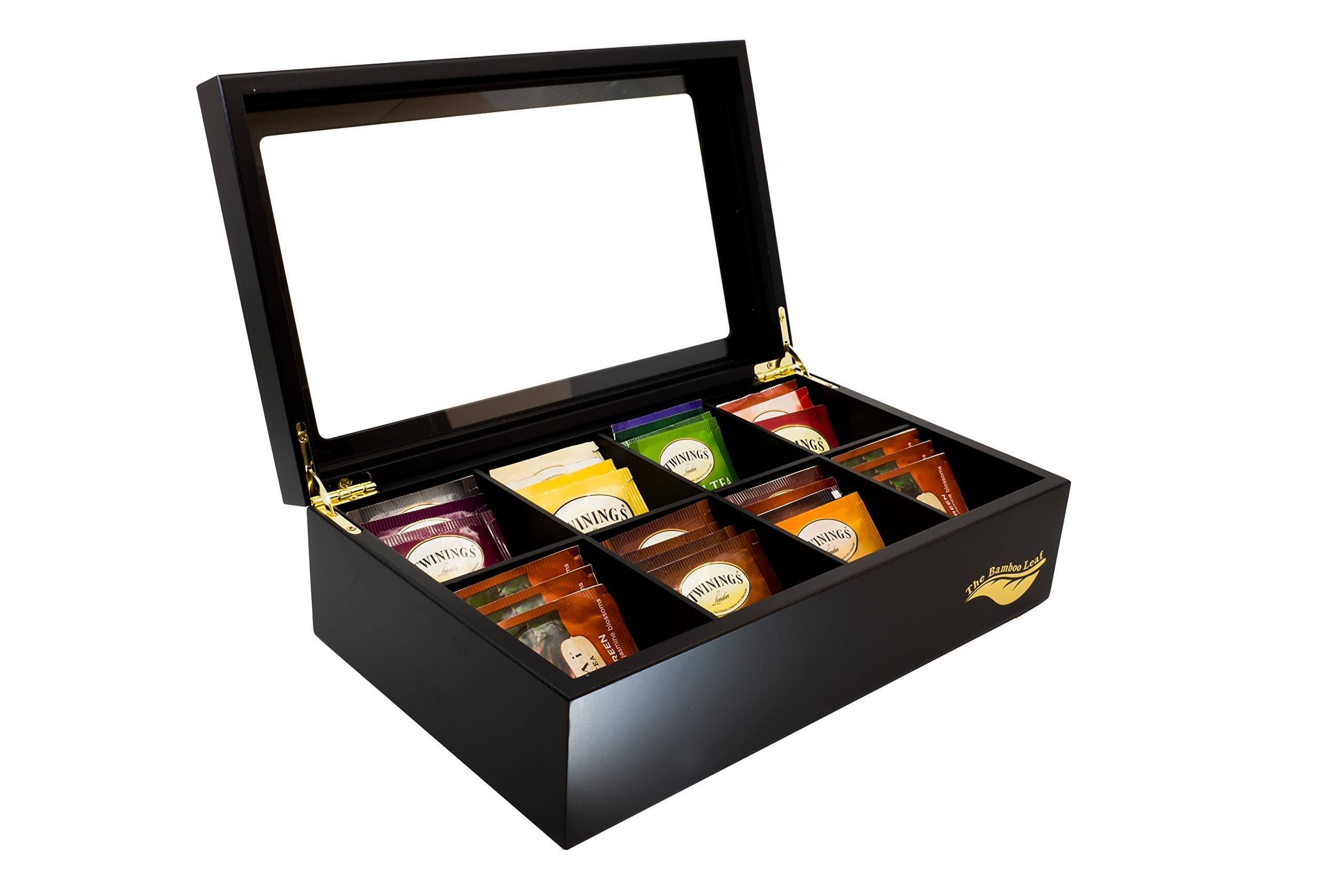 Tea Box Storage Organizer for Tea Collections, 8 Compartments w/Glass Window (Black)