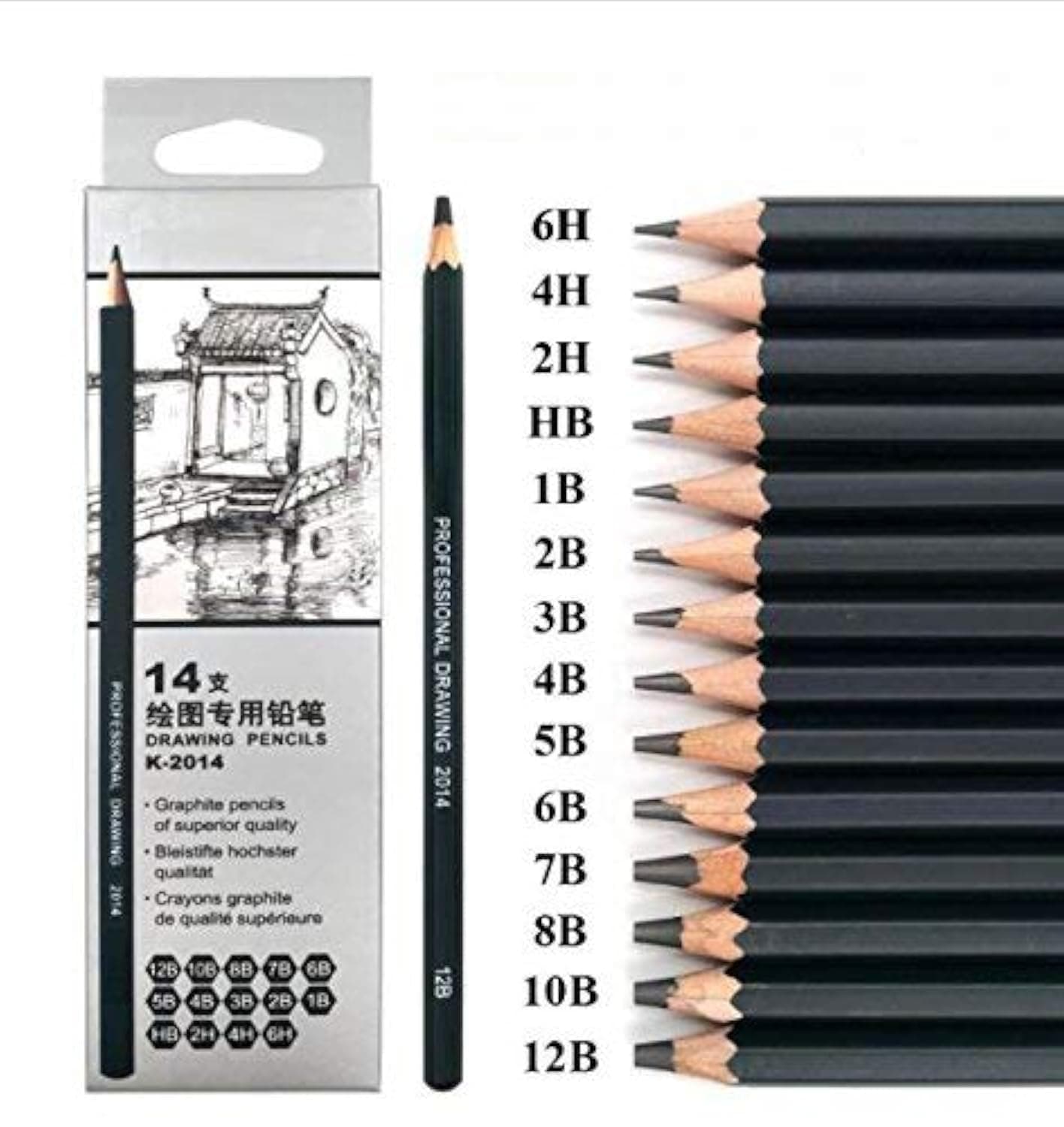 – 14pcs/set 12B 10B 8B 7B 6B 5B 4B 3B 2B B HB 2H 4H 6H Graphite Sketching Pencils Professional Pencil Set for Drawing