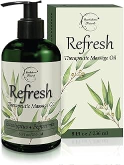 Refresh Massage Oil with Eucalyptus & Peppermint Essential Oils - Great for Massage Therapy. Stress Relief & All Natural Muscle Relaxer. Ideal for Full Body Massage – Nut Free Formula 8oz