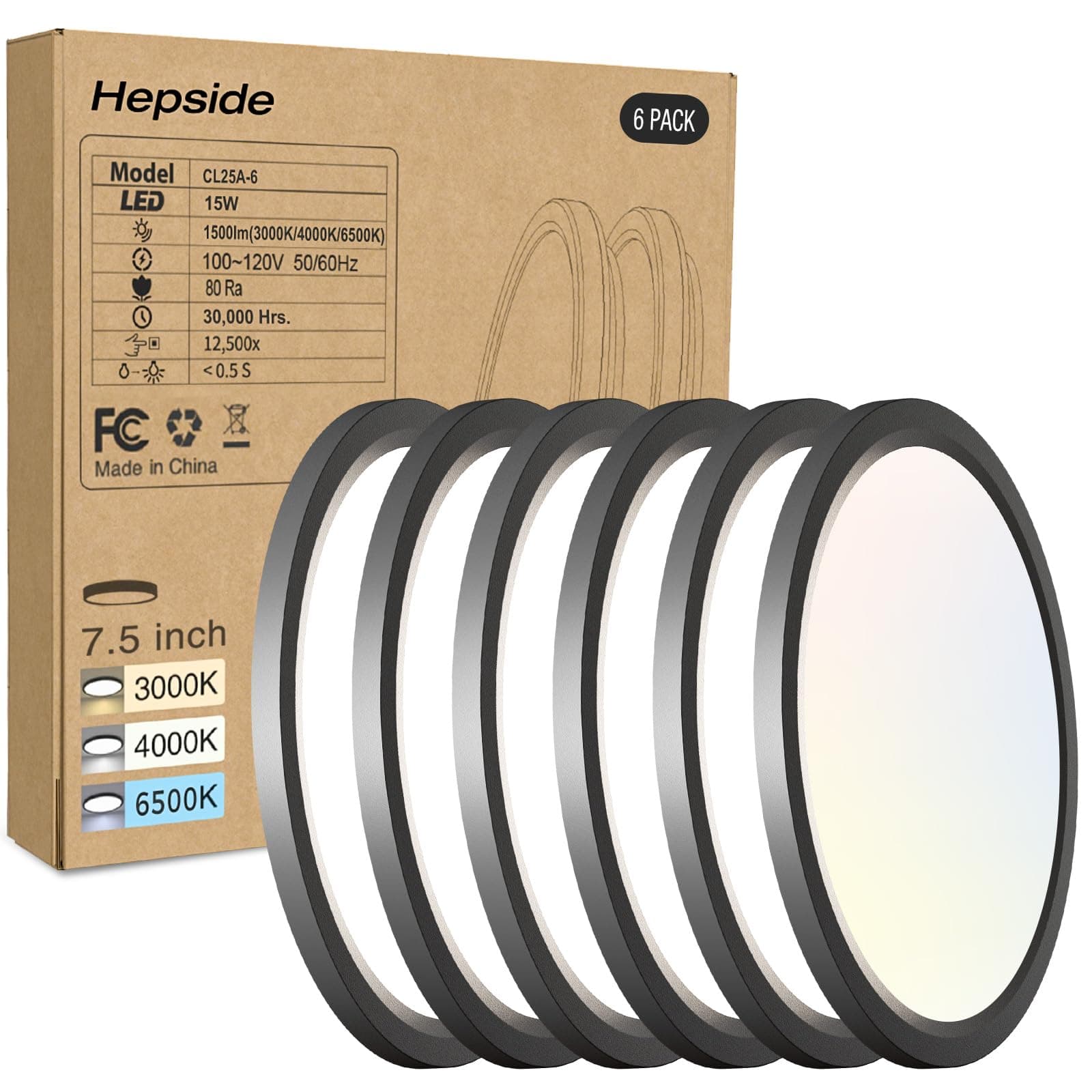 6PACK LED Flush Mount Ceiling Light, 3CCT Selectable 3000K-4000K-6500K & 100W Equivalent Disc Closet Ceiling Light Fixture 7Inch 15W 1500Lm for Bathroom Hallway Bedroom Kitchen Basement(NOT-Dimmable)