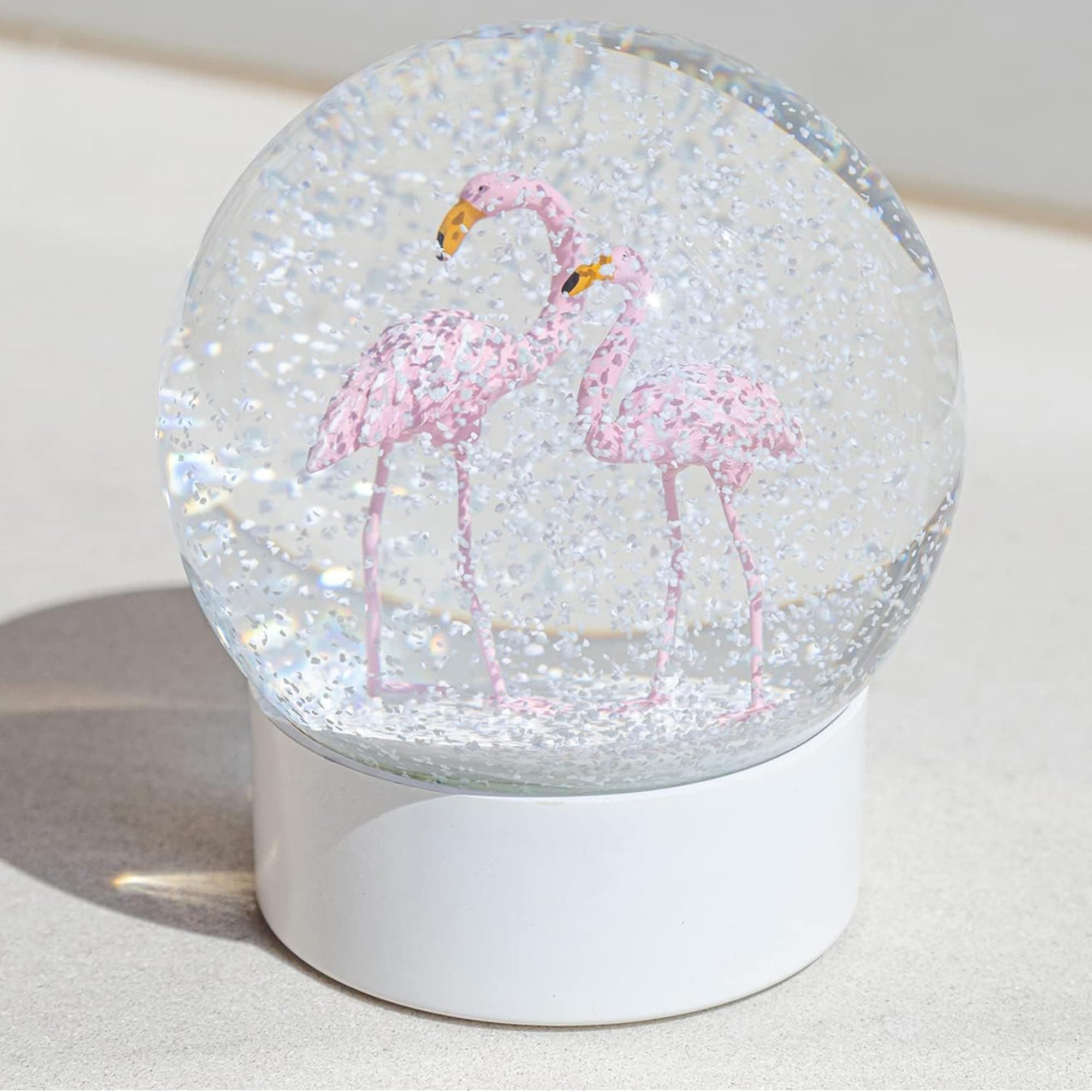 Pink Flamingo Snow Globe with White Base