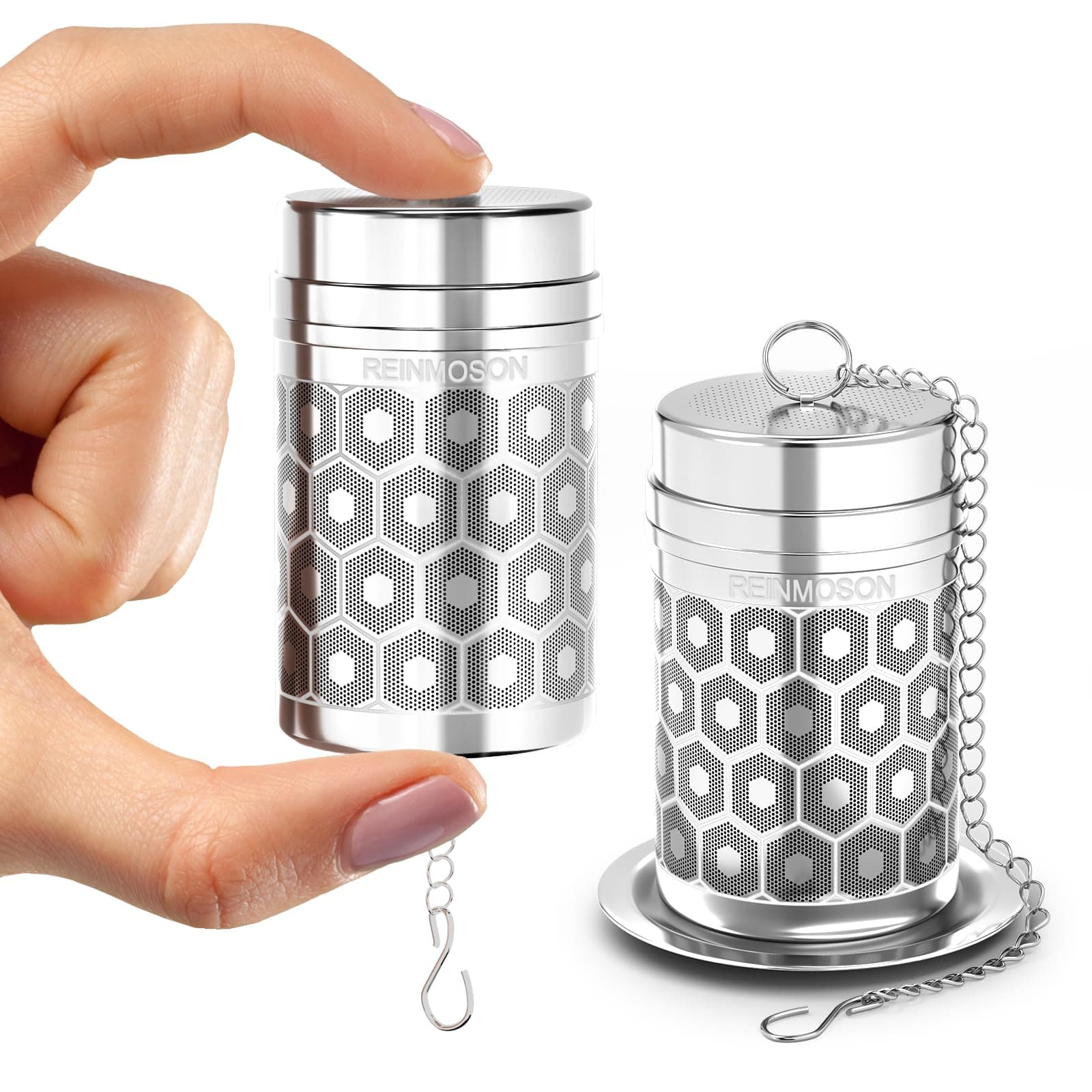 2 Pack Reinmoson Mini Tea Strainers for Loose Tea, Extra Fine Mesh Tea Infuser, 304 Stainless Steel & Updated Slim Threaded Lid, Loose Leaf Tea Steeper for Black Tea, Rooibos, etc