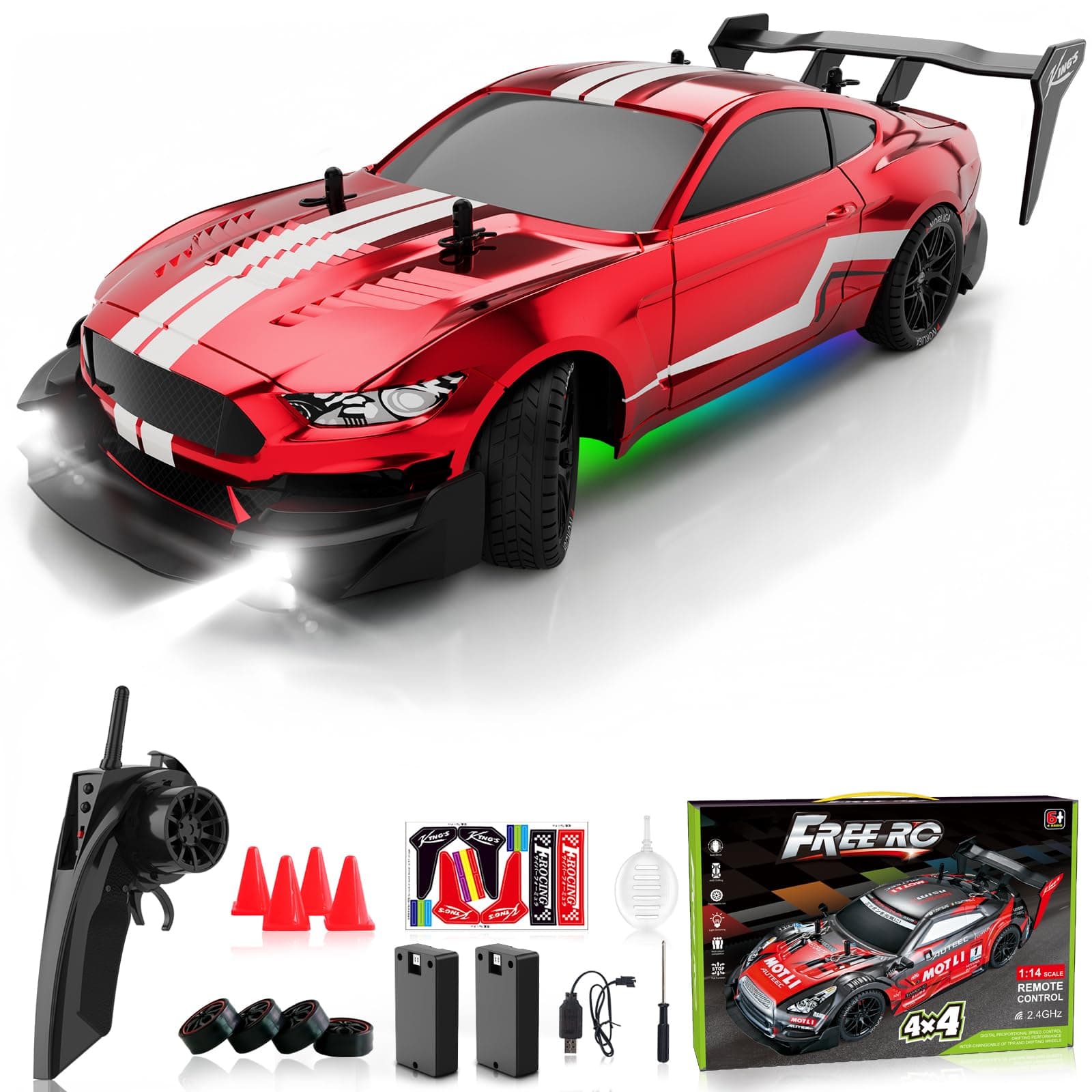Remote Control Car RC Drift Car 1:16 Scale 4WD RC Vehicle with LED Lights 2.4GHz 30km/h RTR High Speed Racing Sport Toy for Adults Boys Girls Kids Gift 2Pcs Rechargeable Battery