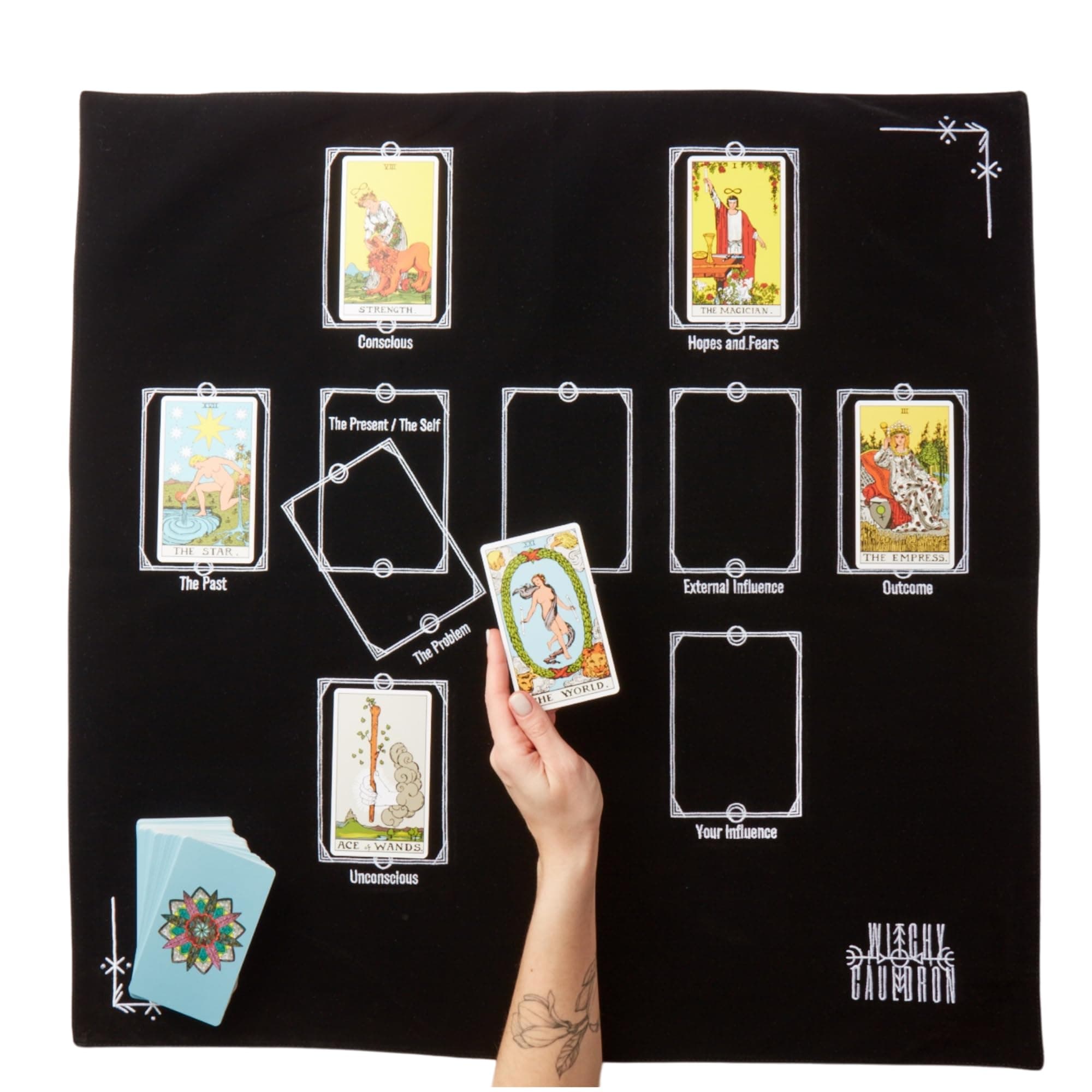 Witchy Cauldron Tarot Divination Table Cloth for Reading and Altar Cloth Moon Alter, Witchy Embroidery Velvet Silk Touch Satin Celtic Cross (Black)