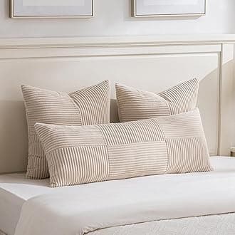 Fancy Homi Tan Decorative Throw Pillow Covers 22x22 Inch for Living Room Couch Bed Sofa, Rustic Farmhouse Boho Home Decor, Soft Corss Corduroy Patchwork Accent Beige Cushion Case 55x55 cm