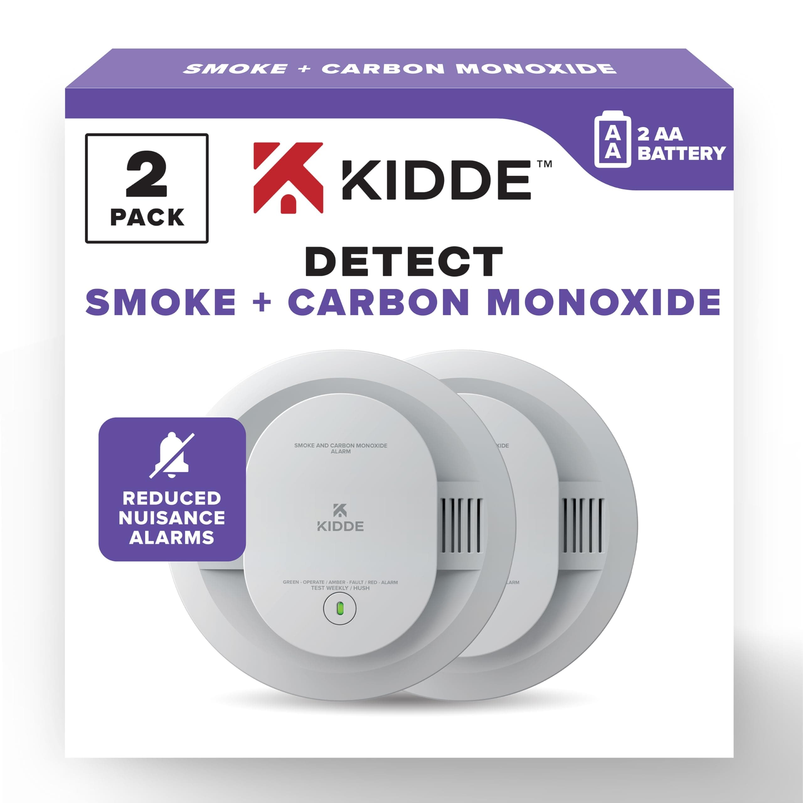 Kidde Smoke & Carbon Monoxide Detector, AA Battery Powered, LED Warning Light Indicators, 2 Pack