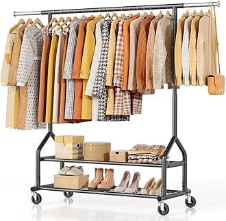 EAGMAK Heavy Duty Clothes Rail, Clothing Rail With Shelves Load 252 KG, Freestanding Hanging Rails for Clothes, Adjustable Metal Clothing Hanger with Wheels, Portable Coat Rack for Bedroom (Black)
