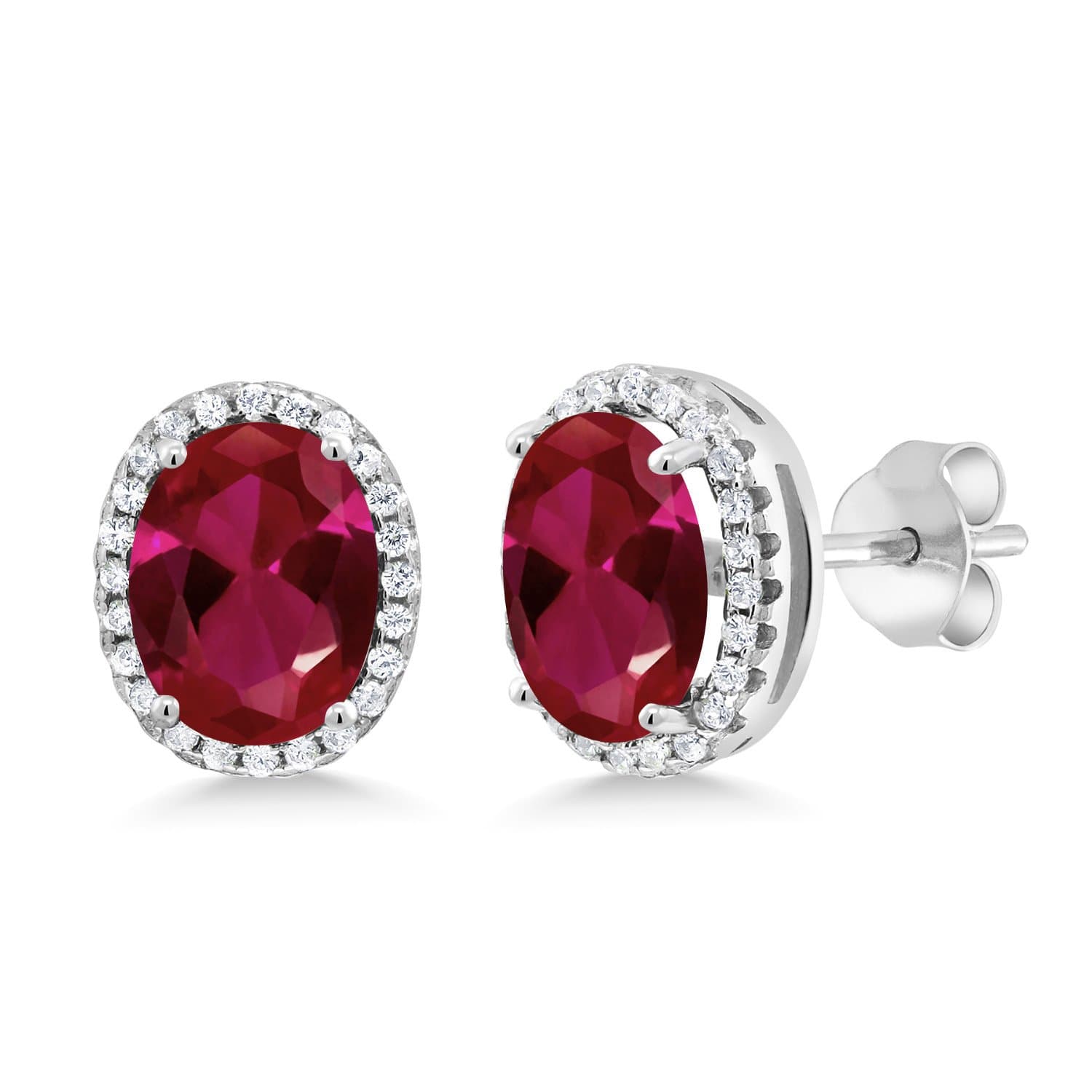 Gem Stone King925 Sterling Silver Red Created Ruby Halo Earrings For Women (4.48 Cttw, Oval 9X7MM)
