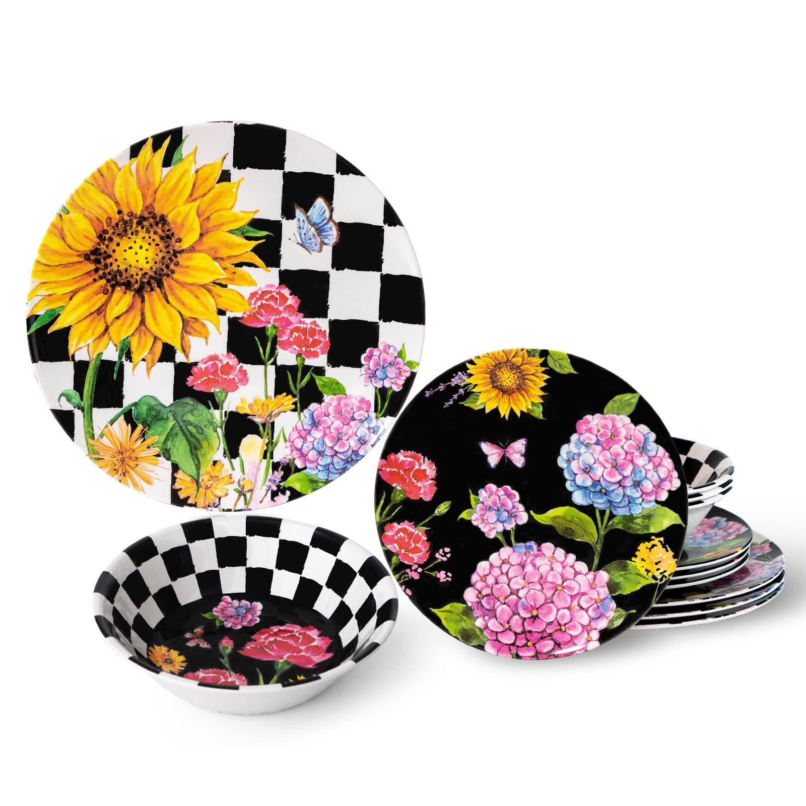 LEHAHA Sunflower 12-Piece Melamine Dinnerware Set Include Plates/Dishes and Bowls, Service for 4, BPA Free and Unbreakable Black Plaid Floral Dish Set for Indoor and Outdoor Use…