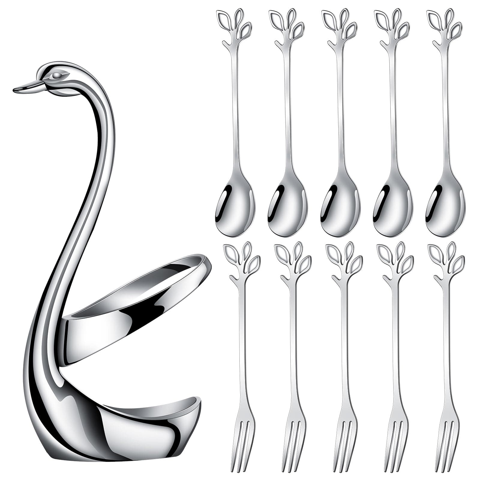 Stainless Steel Silver Creative Dinnerware Set - Decorative Swan Base Holder with 5 Forks and 5 Spoons for Coffee, Fruit,Dessert,Stirring, Mixing, Sugar, Stir, Ice Cream, Cake, Teaspoon (Silver)