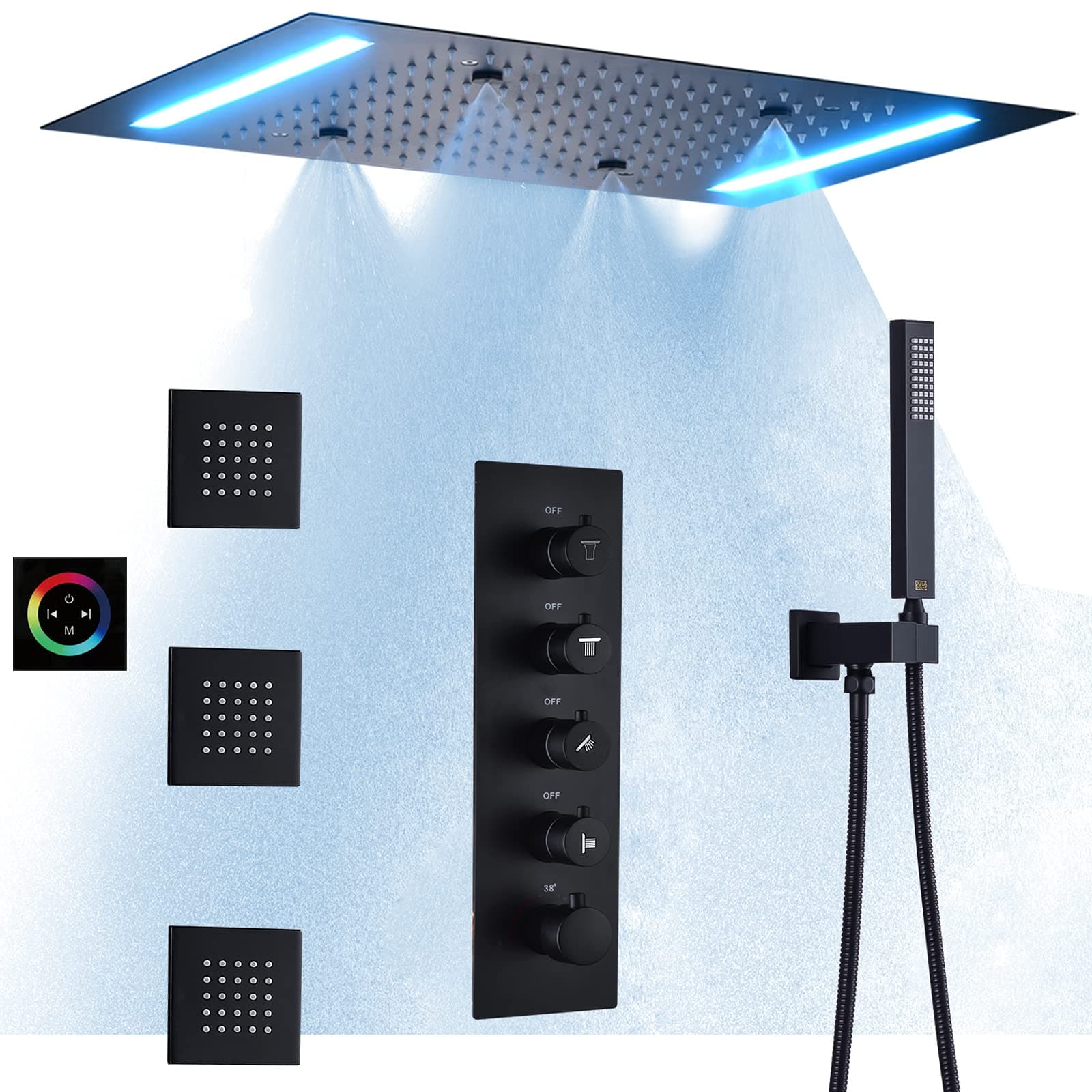 Black Rainfall Multi Shower Head System Set 14 X 20 Inch Bathroom LED Ceiling Shower Brass Luxury Thermostatic Faucet Message Sprayer Body Jets