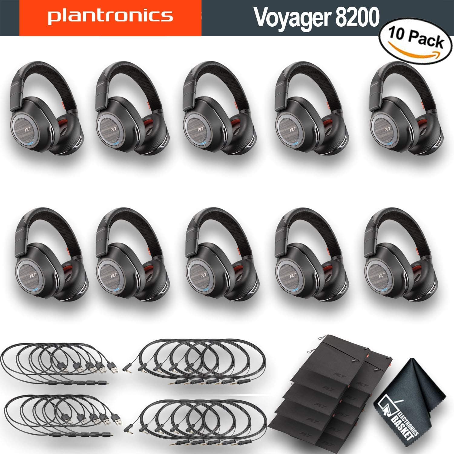 Plantronics Voyager 8200 UC Bluetooth Headset with USB Type-A Adapter (Black) (208769-01) 10 Pack Bundle