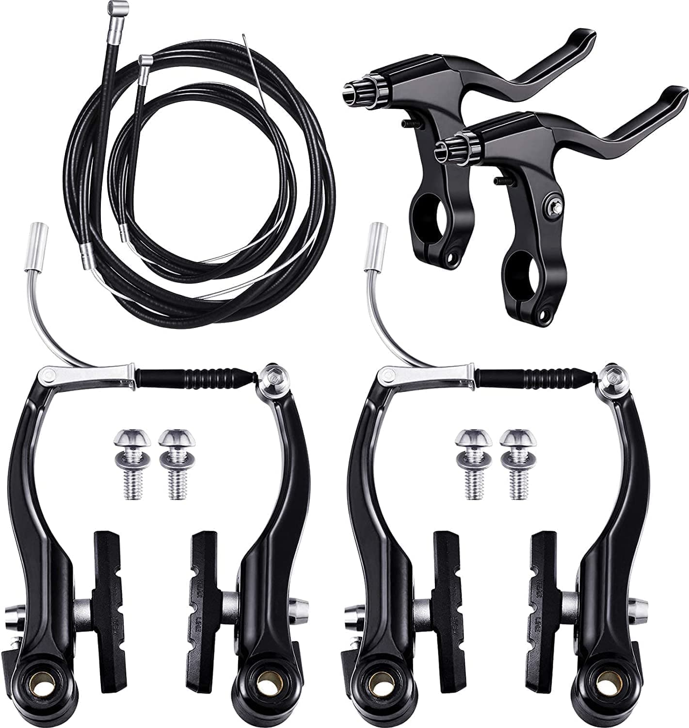 Complete Bicycle Brake Set - Front and Rear V Breaks with Pads, Brake Lever, and Cables | Compitable with Hybrid, Racer and Mountain Bikes (Compete Brake Set)