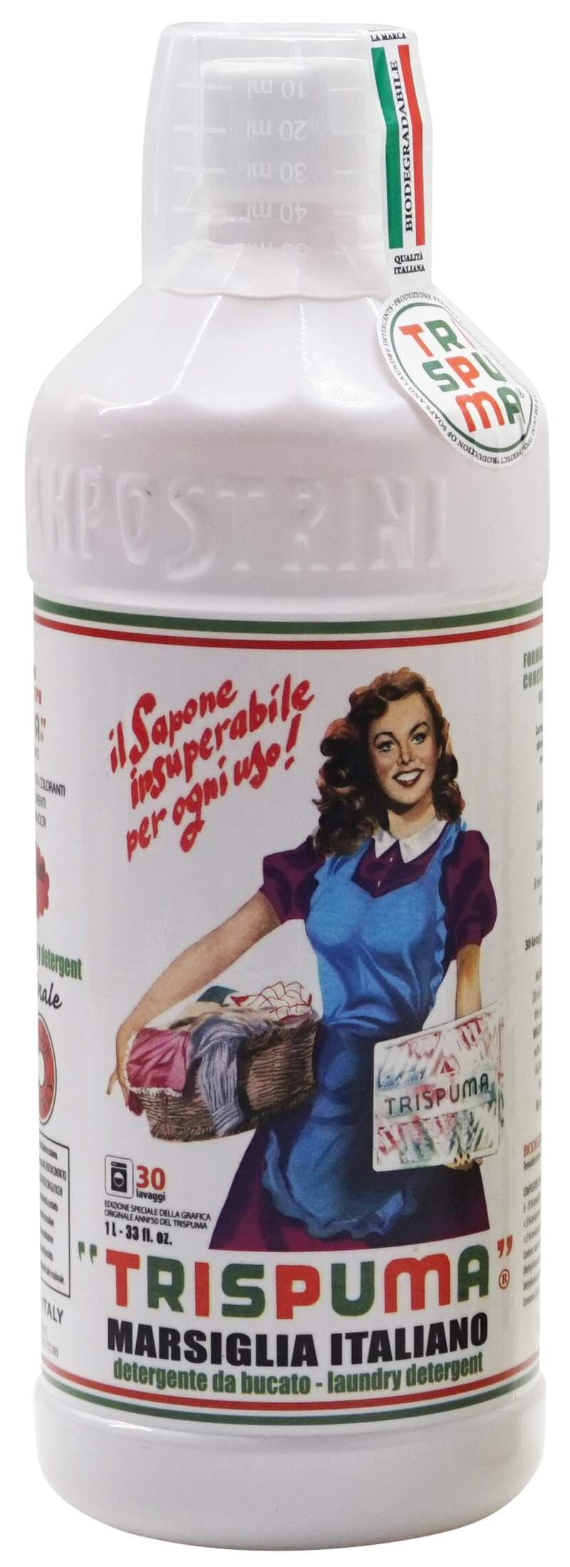 "Trispuma" Laundry Detergent, Measuring Cup 33.3 Fluid Ounces (1000ml) Bottle [ Italian Import ]