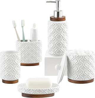 RQYIXI Elegant 5 PCS Ceramic&Wood Bathroom Accessories Set:Soap Dispenser,Toothbrush Holder,Tumbler,Soap Dish,Cotton Swab Jar,Easy to Clean,Quatrefoil Pattern,White-Affordable Home Luxury