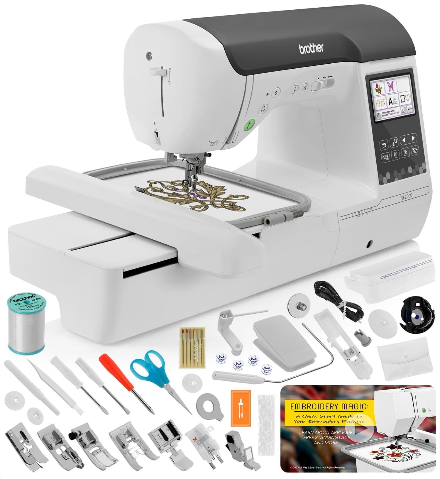 Brother SE2000 Sewing and Embroidery Machine, 5" x 7" Field Size, 241, Sewing Stitches, Cuts Jump Stitches, Wireless, WLAN, Includes Mr. Vac & Mrs. Sew - Embroidery Magic: Quick Start Video