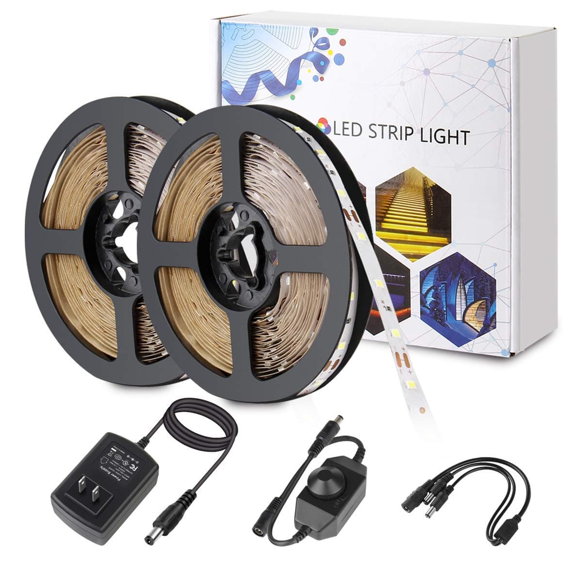 LED Strip Light - 32.8ft Daylight White Dimmable Flexible SMD2835 600LEDs 6500K Self-Adhesive LED Light Strip Full Set with DC12V 3A UL-Listed Power Supply and Dimmer