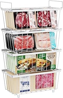 iSPECLE Chest Freezer Organizer - 4 Pack Stackable Freezer Organizer Bins for Most 7 Cu.FT Freezer Sort Frozen Meats, Deep Freezer Organizer Bins with Handle Add Space Easy Reach, White