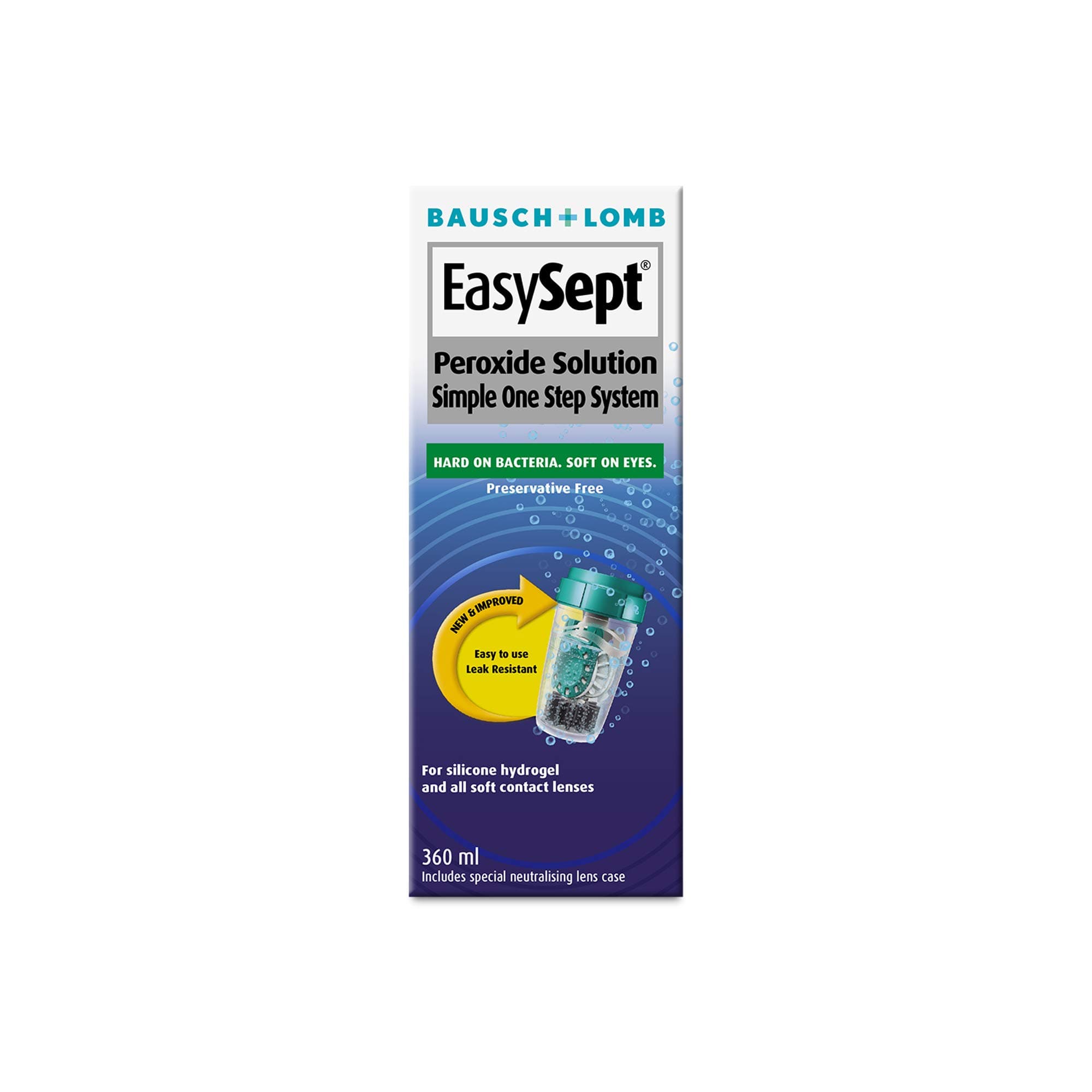 EasySept Peroxide Solution, 360ml - Contact Lens Solution with a simple One Step System for Disinfection of Soft Contact Lenses, Lens Case with Neutralising Disc Included, Suitable for Sensitive Eyes