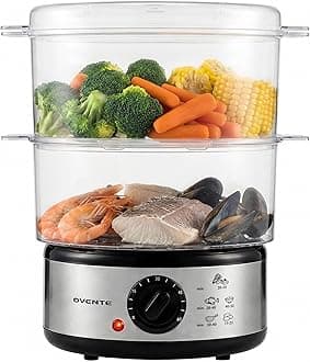 OVENTE 2 Tier Electric Food Steamer for Cooking Vegetables, Stainless Steel Base, Stackable and Dishwasher Safe Baskets, 400W with Auto Shutoff and 60-Minute Timer, 5 Quart Capacity, Silver FS62S
