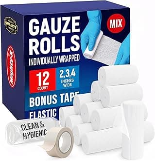 12 Gauze Rolls - [4x2”, 4x3”, 4x4”] - 4.1yd - Soft and Breathable Rolled Gauze - Latex-Free Premium Individually Wrapped Bandages with Bonus Tape - First Aid Conforming Stretch Wrap for Wound Care