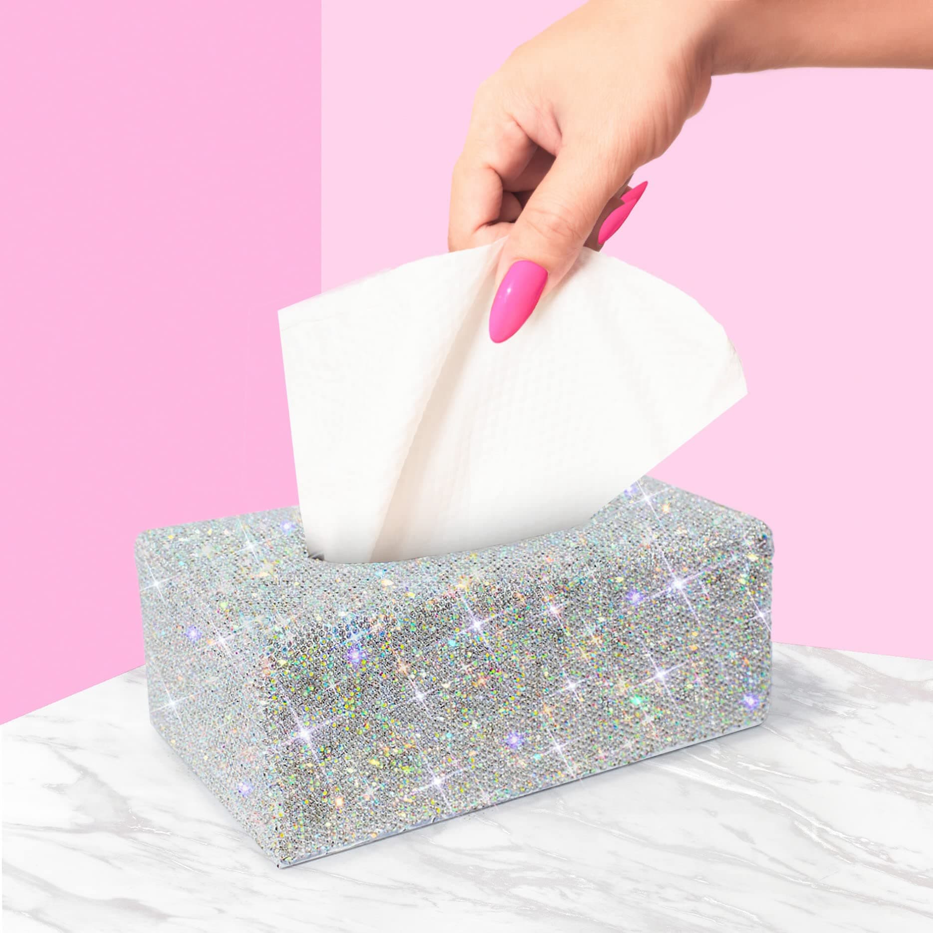 Bling Tissue Holder Box – Decorative Cover Dispenser Facial Paper Rectangular Glitter Diamond Crystal Rhinestone Bathroom Vanity Countertop Bedroom Dresser