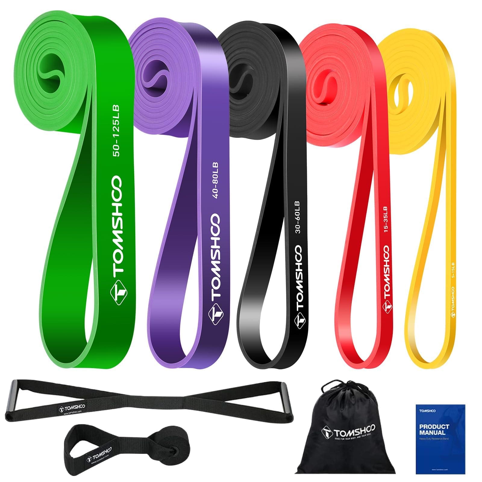 AnNido TOMSHOO 5 Packs Pull Up assist Bands Set Resistance Loop Bands Powerlifting Exercise Stretch Bands with Door anchor and Handles