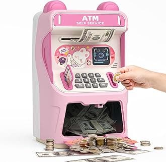 Rabbit ATM Piggy Bank for Girls with Automatic Bill Roller, Electronic Coin Bank with Simulated Card Slot & Facial Recognition, ATM Money Saving Box with Music Function for Kids(Pink)