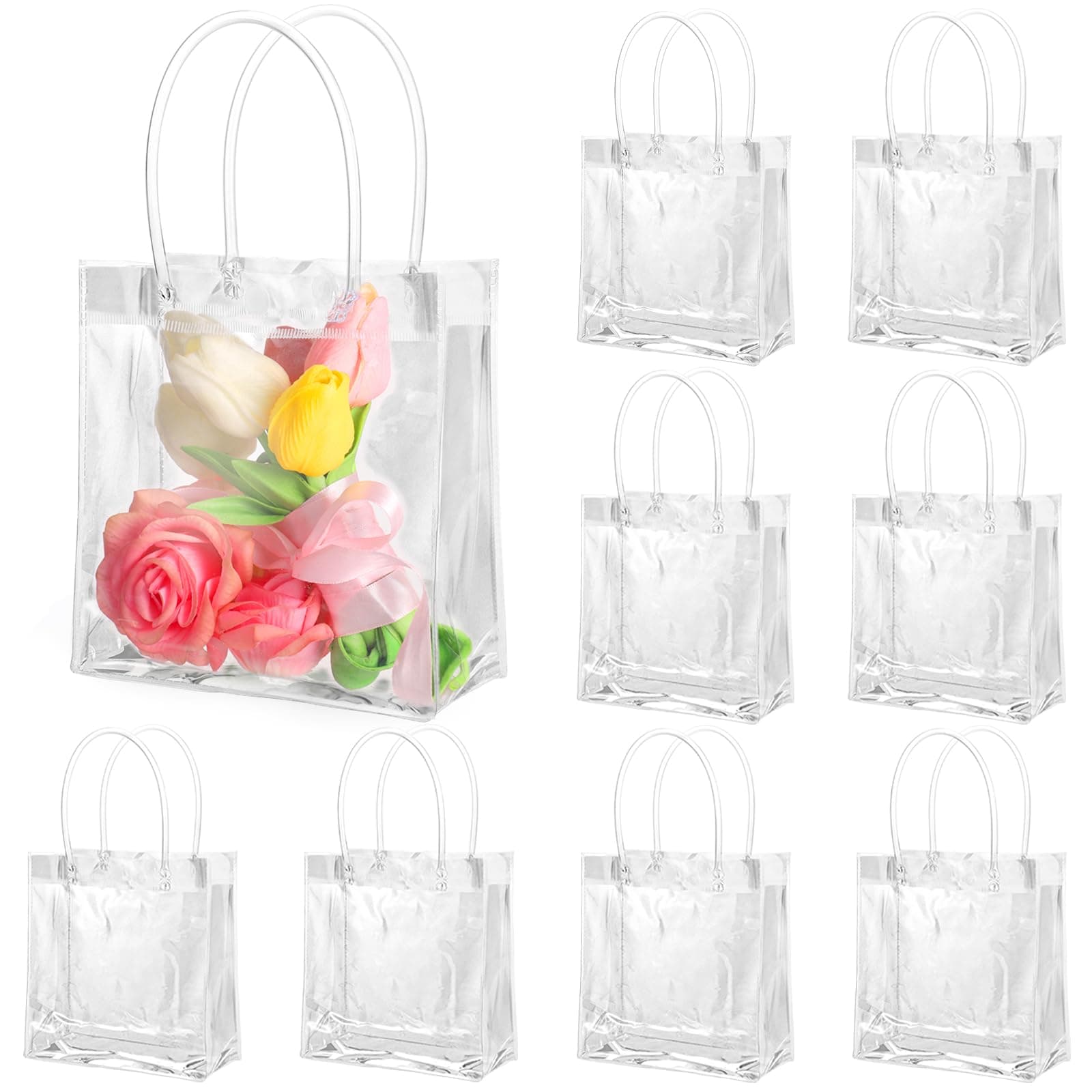 BESARME 20 Pack 6.3" x 5.9" x 2.8" Clear Gift Bags with Handle, Reusable Plastic Small Gift Bags for Mother's Day Wedding Birthday Party Favors