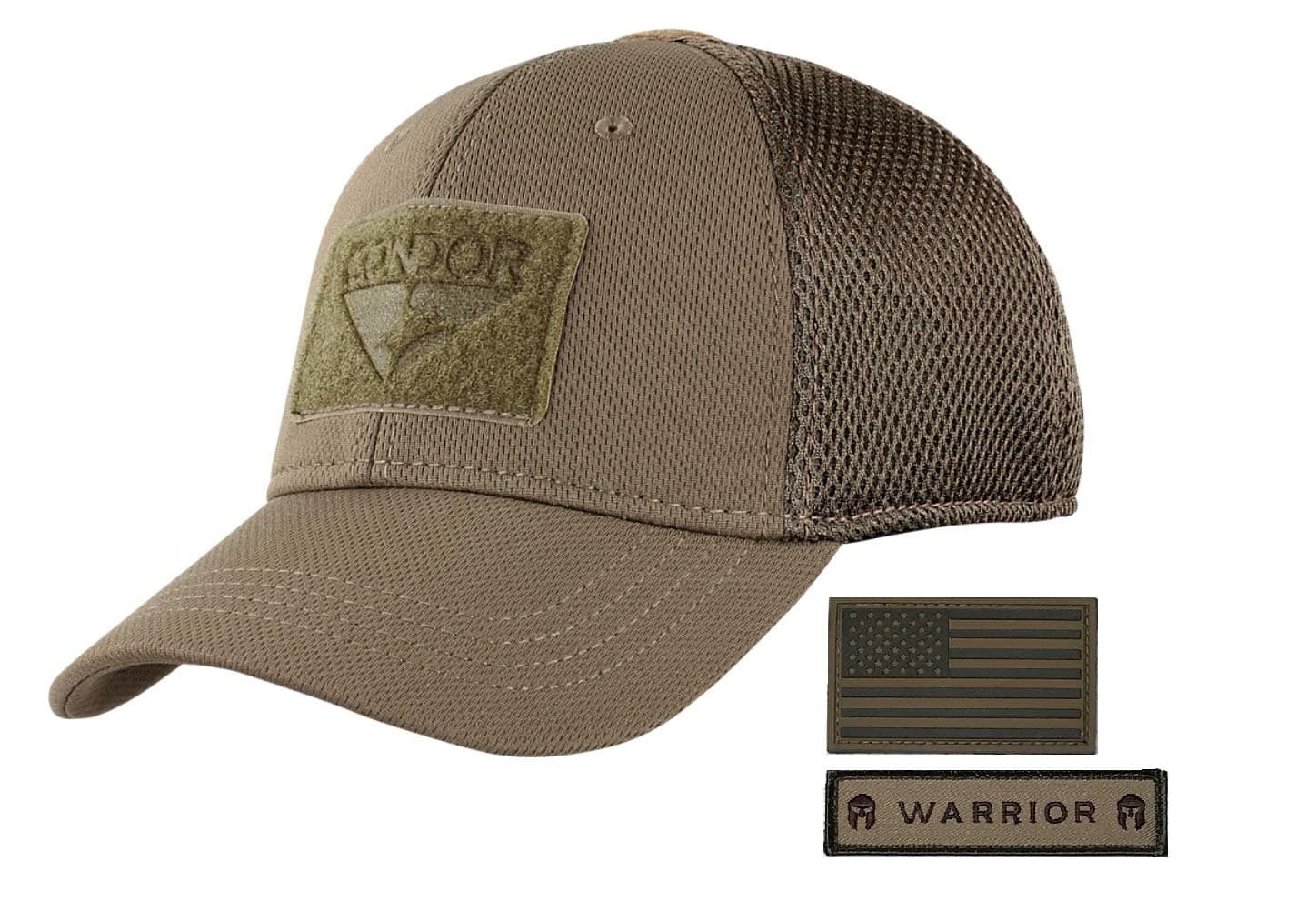 Active Duty GearCondor Flex Mesh Cap, Black + Flag & Warrior Patch, Fitted Tactical Operator Hat