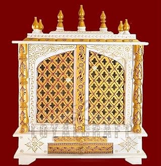 LOYALCRFAT Wooden Temple Large Size 24x12x30 Home Temple/Home mandir/god Stand for Home/Pooja Stand/Home mandap/mandapam/Pooja mandir with Doors (Large 24x12x30 WxDxH INCH, White Gold)