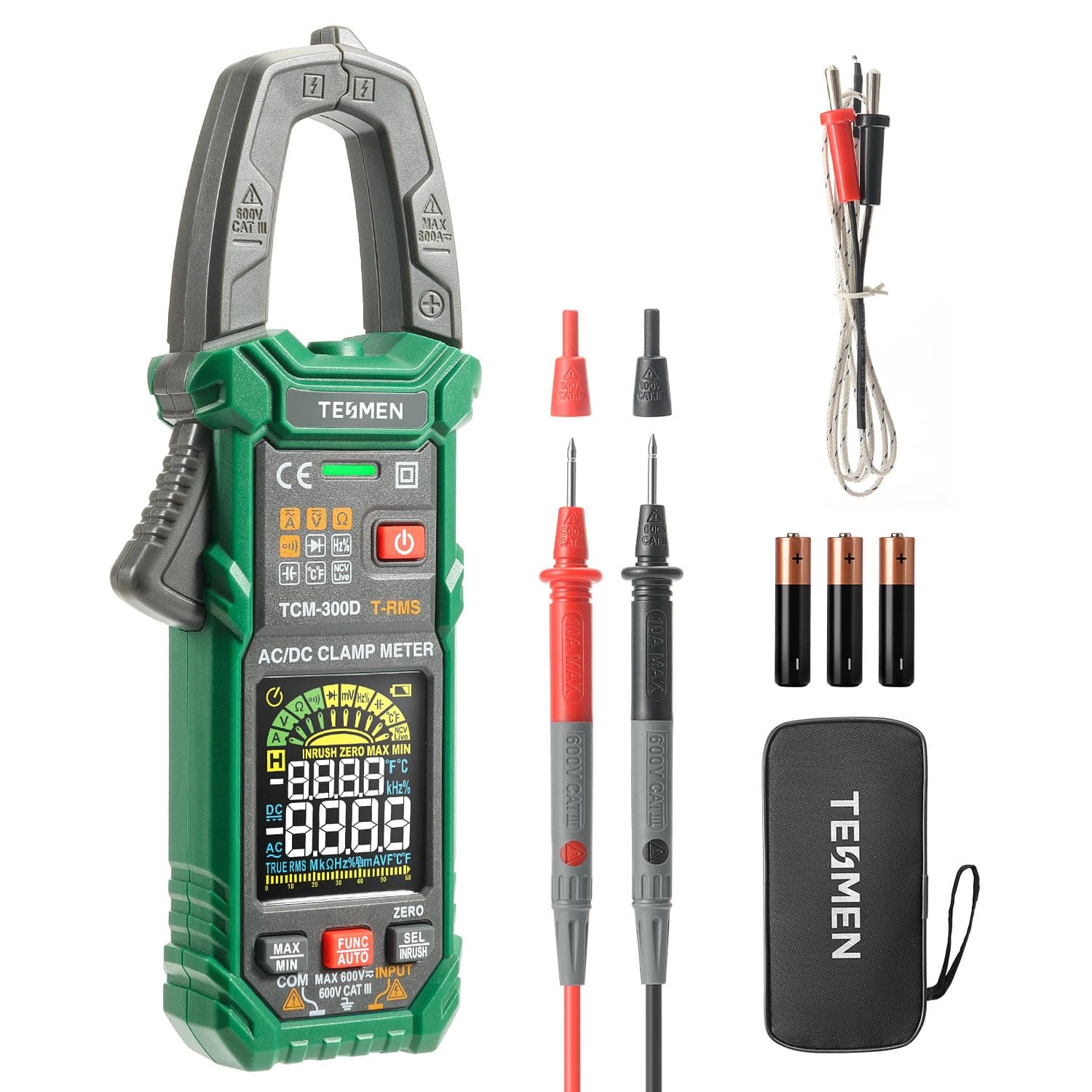 TESMEN TCM-300D Digital Clamp Meter, 6000 Counts Multimeter, Voltage Tester with AC/DC Current &Voltage, Auto-Ranging Voltmeter with Inrush Capacitance Resistance Diode Continuity NCV/Live Wire