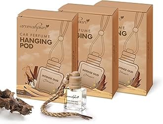 Aromahpure Premium Car Perfume Hanging Pod |10 ML |Royal Oudh Fragrance Car Air Freshener |Natural Essential Fragrance Oils in Glass Bottle with Wooden Diffuser Lid |Last upto 60 days (Pack of 3)