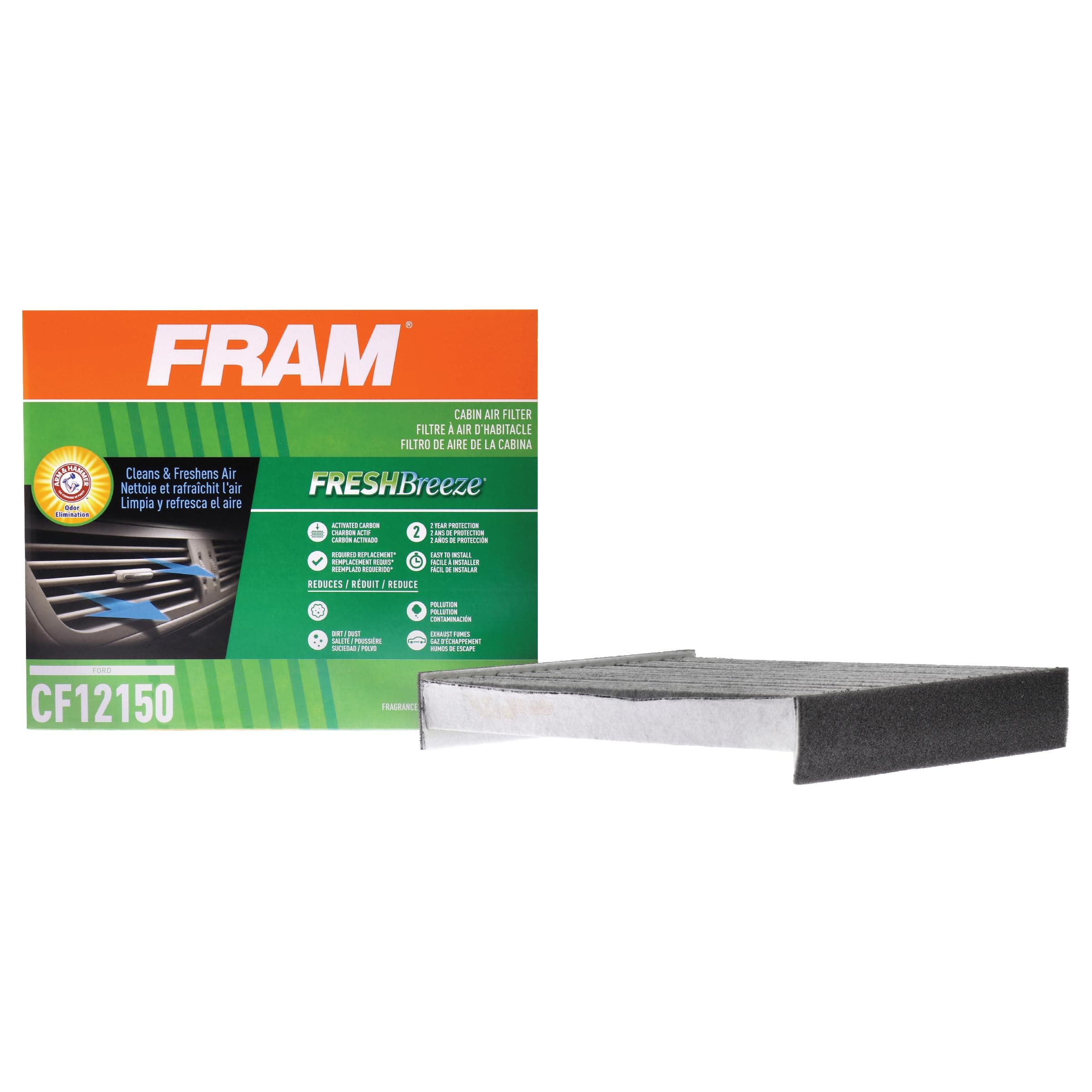 FRAM Fresh Breeze Cabin Air Filter Replacement for Car Passenger Compartment w/ Arm and Hammer Baking Soda, Easy Install, CF12150 for Mazda / Toyota Vehicles