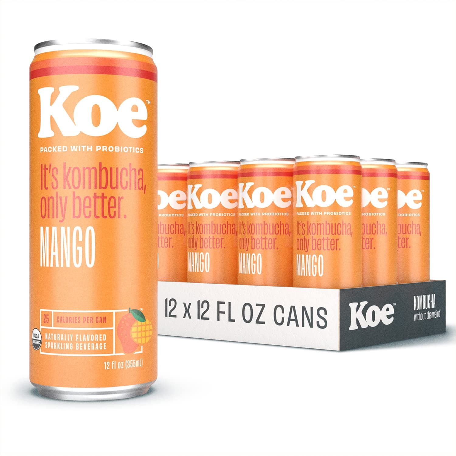 Koe Kombucha Cans, Mango | Organic Sparkling Fruit Drinks With Live Probiotics and Vitamin C | 12 oz Pack of 12