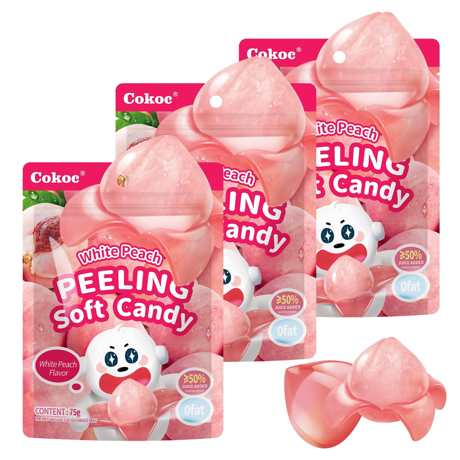 COKOC Peelable Peach Gummies, Peeling Fruit-Shaped Candy, 7.93oz Individual Packs-Fun Peeling Gummy Snack Made with Real Juice(Pack of 3) Easter Candy Bag