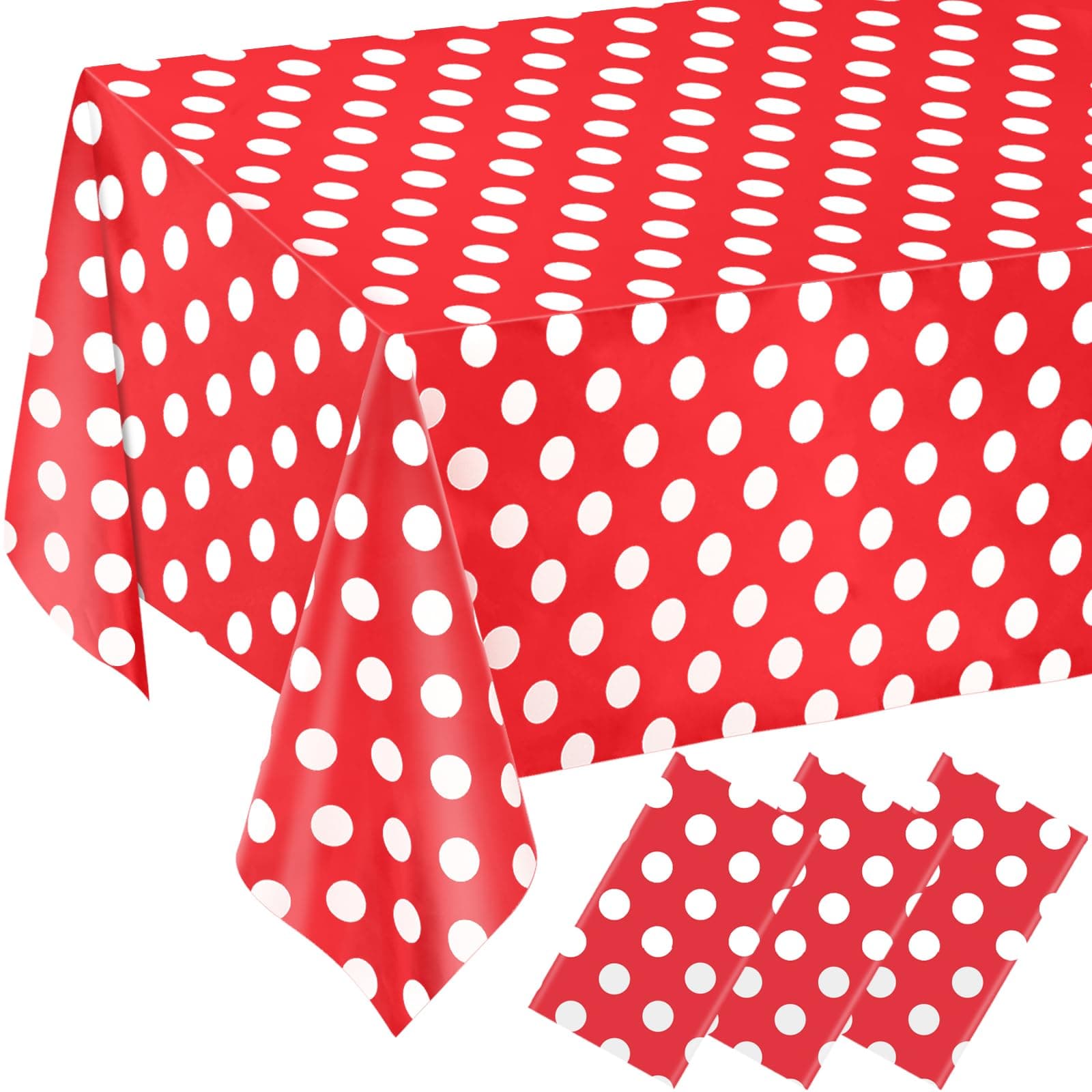 QISOLIY 3 Pack Red and White Polka Dot Tablecloths, Red Cute Polka Dot Disposable Plastic Waterproof Table Cover, 54" x 108", for Birthday, Wedding, Bridal Shower, Pink Girl Party Decorations